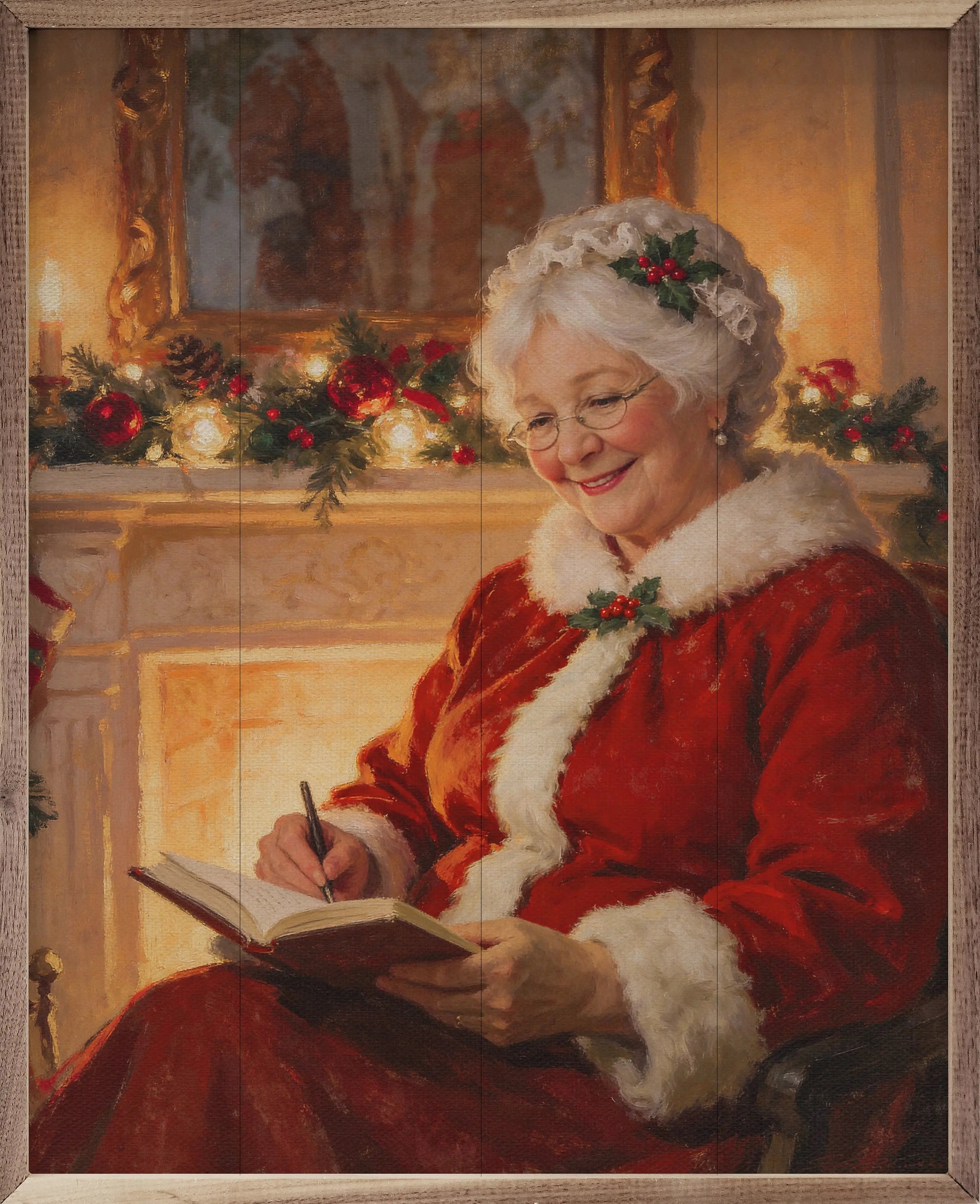 Mrs. Claus in a festive outfit sitting by a fireplace with Christmas decorations and her journal.
