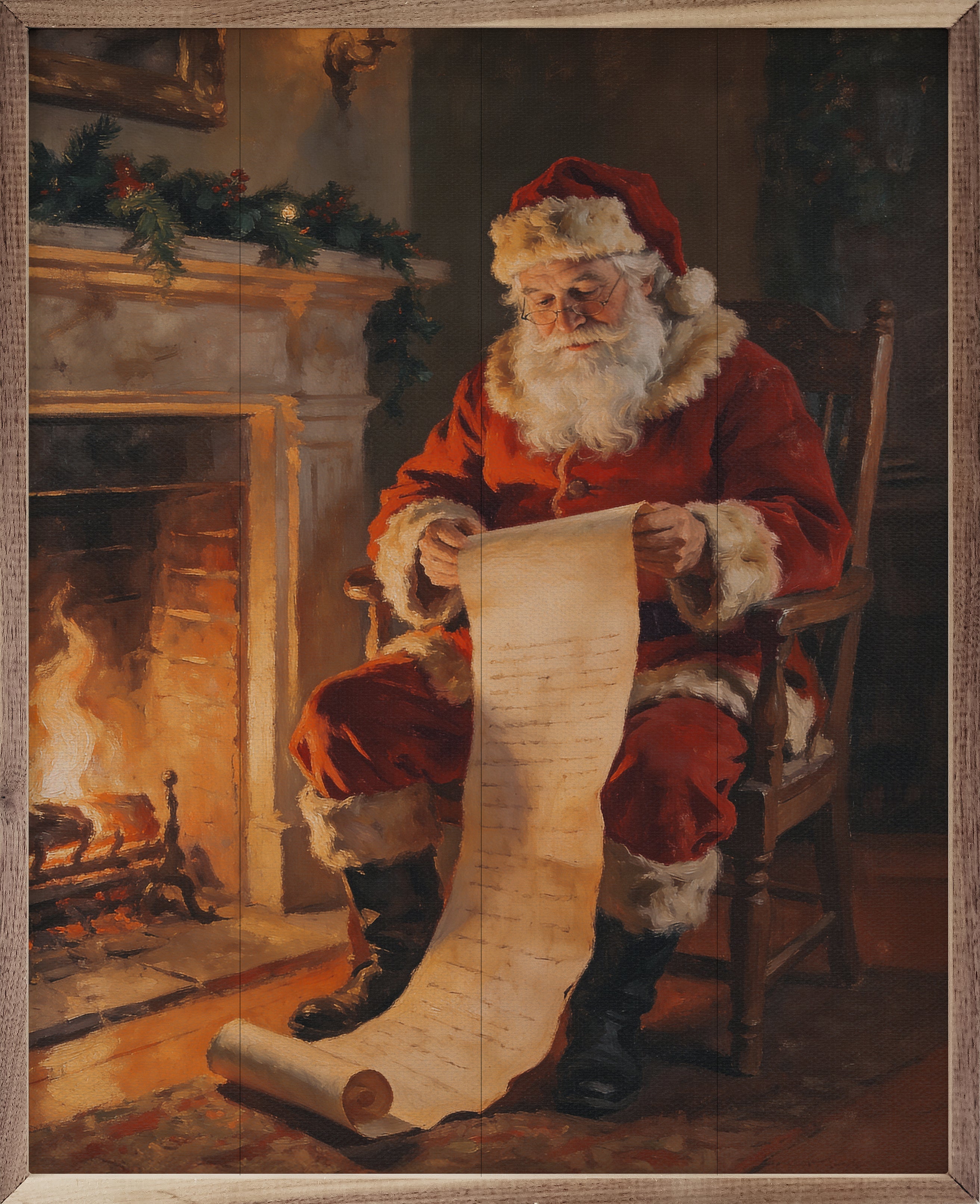 Santa Claus sitting by a fireplace reading a long list, with a warm and cozy atmosphere.