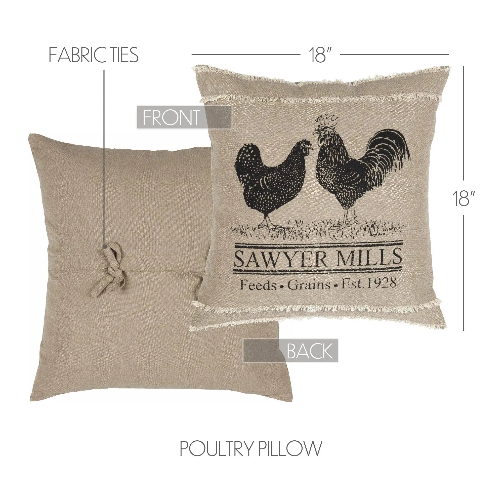 Farmhouse poultry pillow with rooster & hen print, frayed edges, 18" square, cozy cottage decor