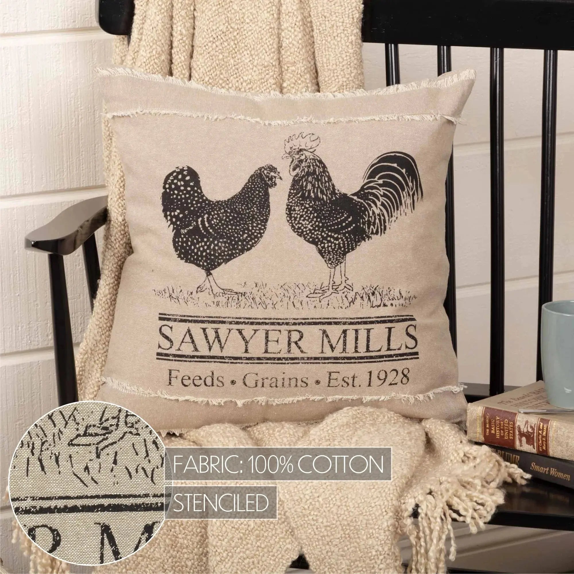 Farmhouse rooster and hen pillow with 'Sawyer Mills' text, 100% cotton, stenciled design, cozy cottage decor