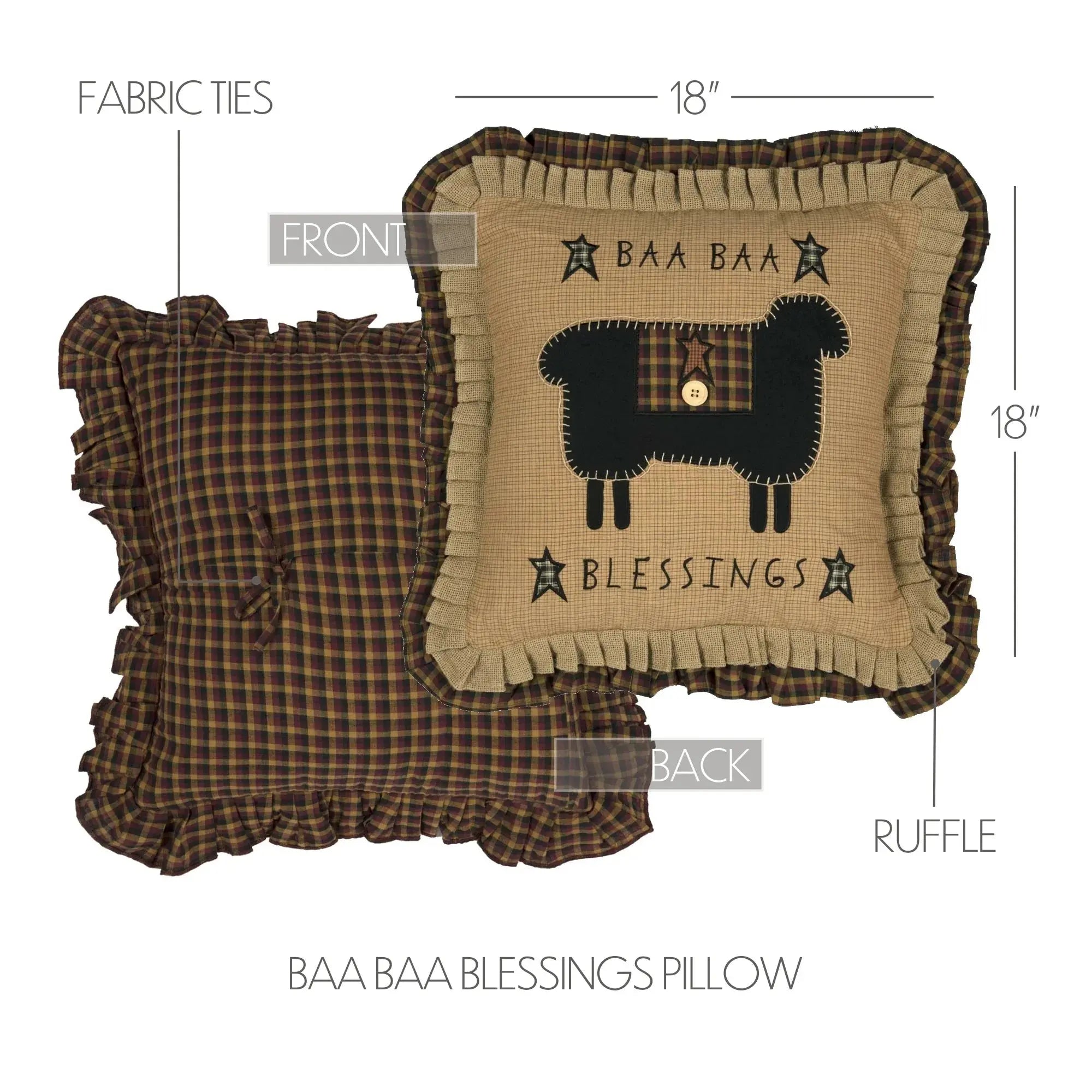 Baa Baa Blessings farmhouse pillow with sheep design, plaid ruffle, and cozy cottage style decor