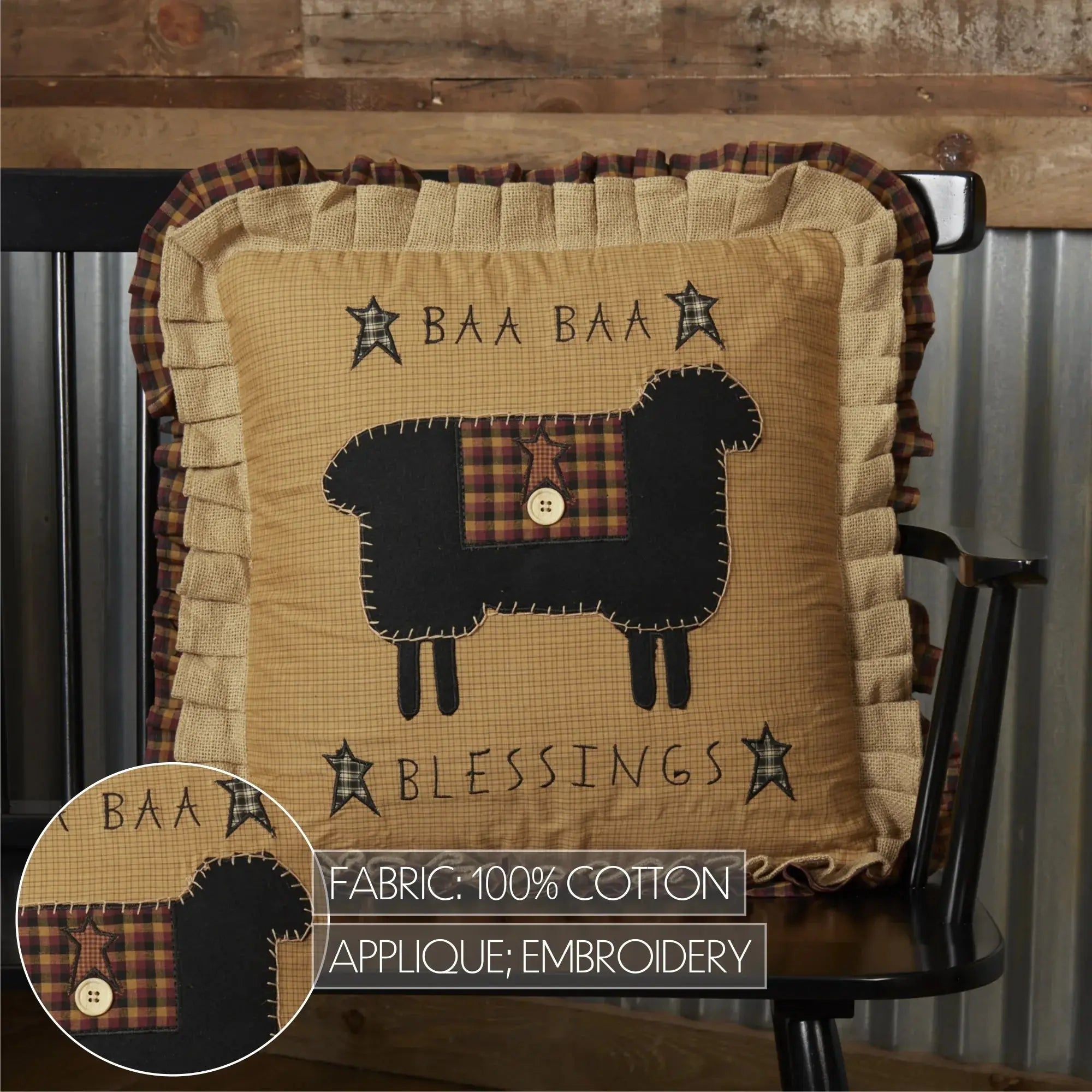 Farmhouse sheep pillow with 'Baa Baa Blessings' embroidery, plaid ruffles, and appliqué on cotton fabric