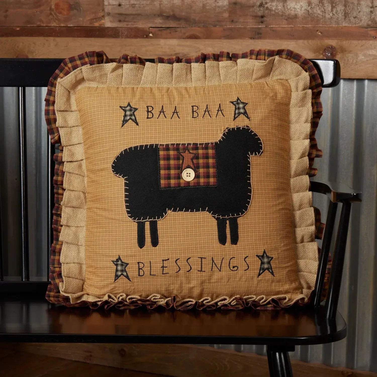 Farmhouse sheep pillow with 'Baa Baa Blessings' text, plaid trim, and rustic charm for cozy home decor.