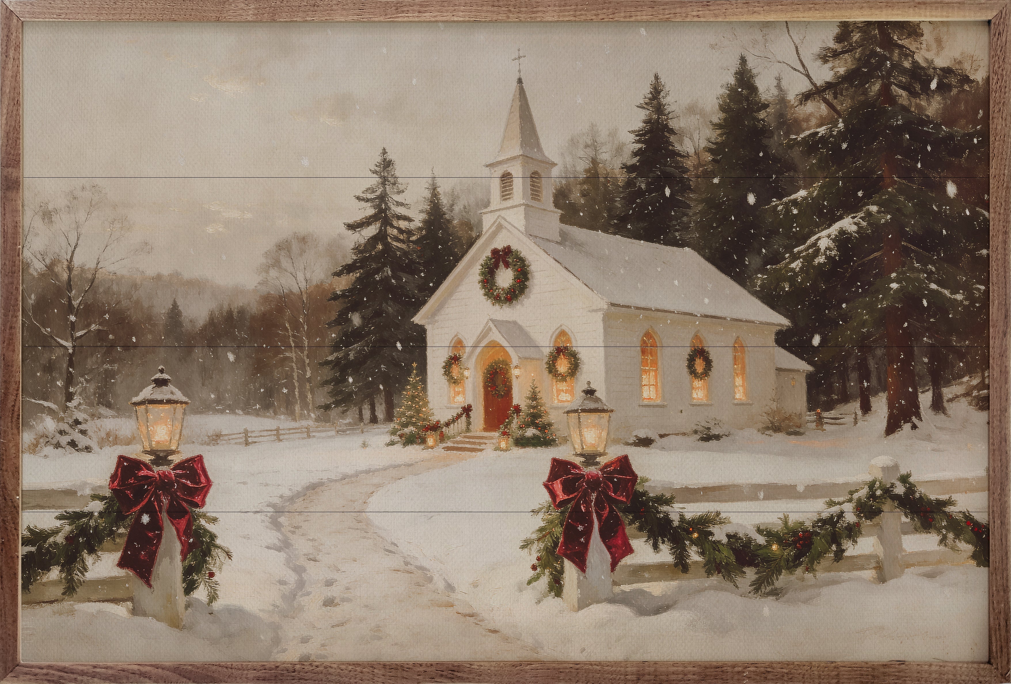 Decorative winter scene with a church, trees, and lanterns adorned with red bows.