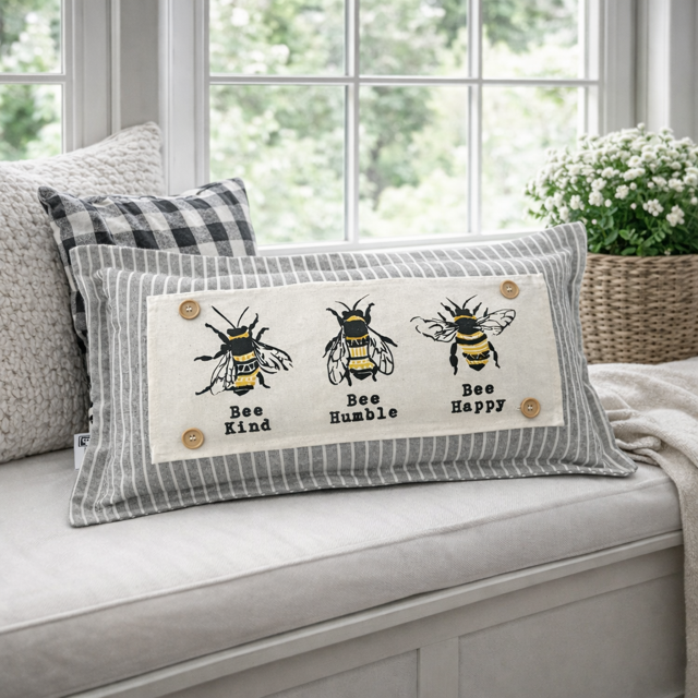 A rectangular decorative throw pillow with a striped gray and white border and a central cream panel featuring three embroidered bees with the words 'Bee Kind,' 'Bee Humble,' and 'Bee Happy.' The pillow is styled on a light gray upholstered bench in a bright room with a window, another pillow, and a basket of flowers in the background.