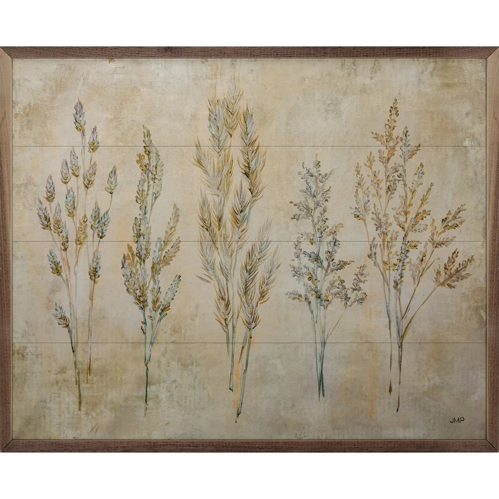Framed artwork of stylized plants on a textured beige background