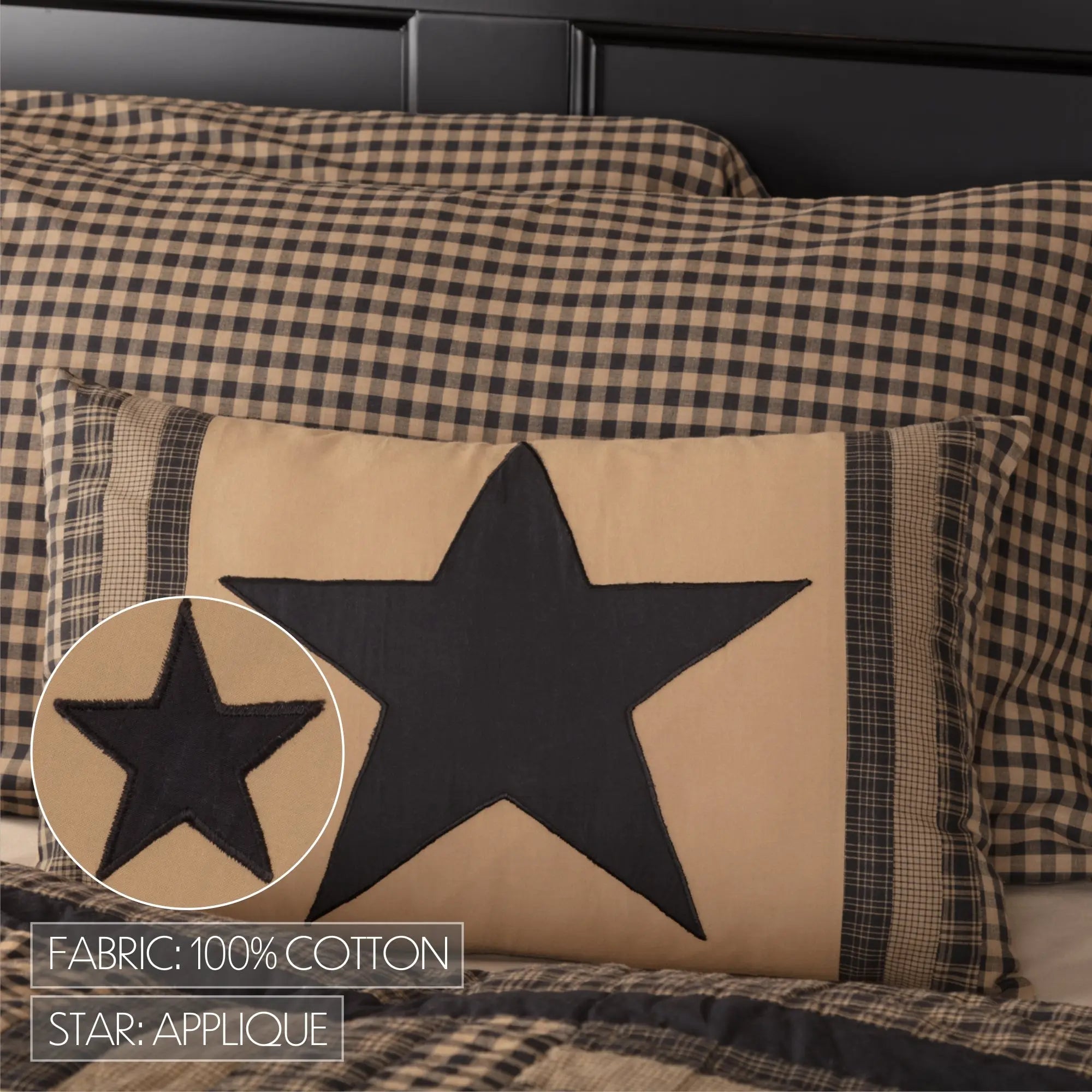 Checkered pillowcases with a star applique on a bed.