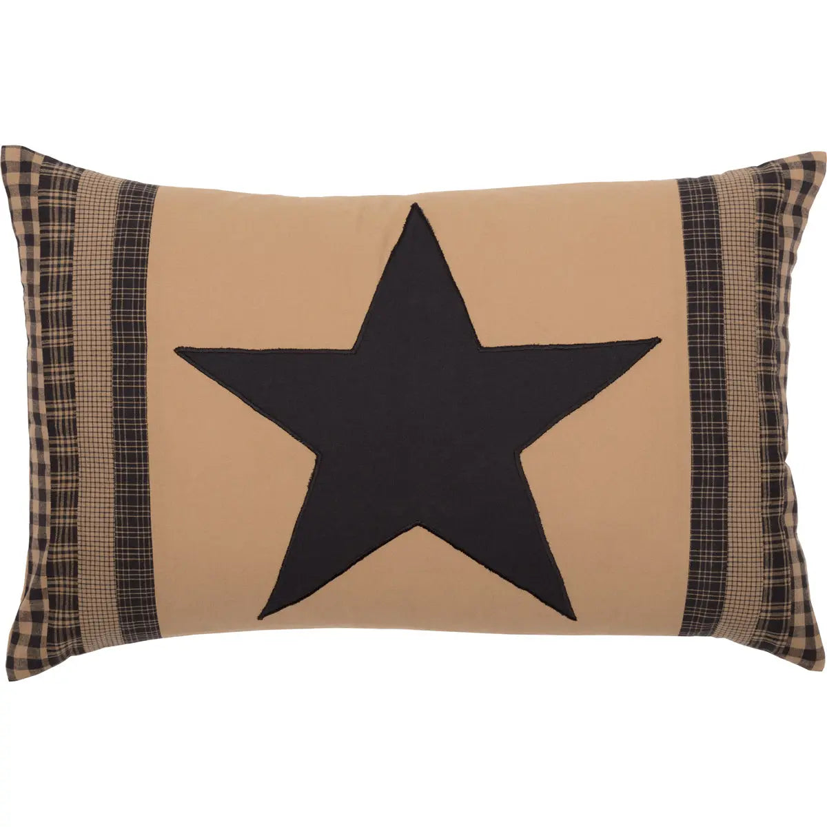 Pillow with a black star on a beige background with plaid edges
