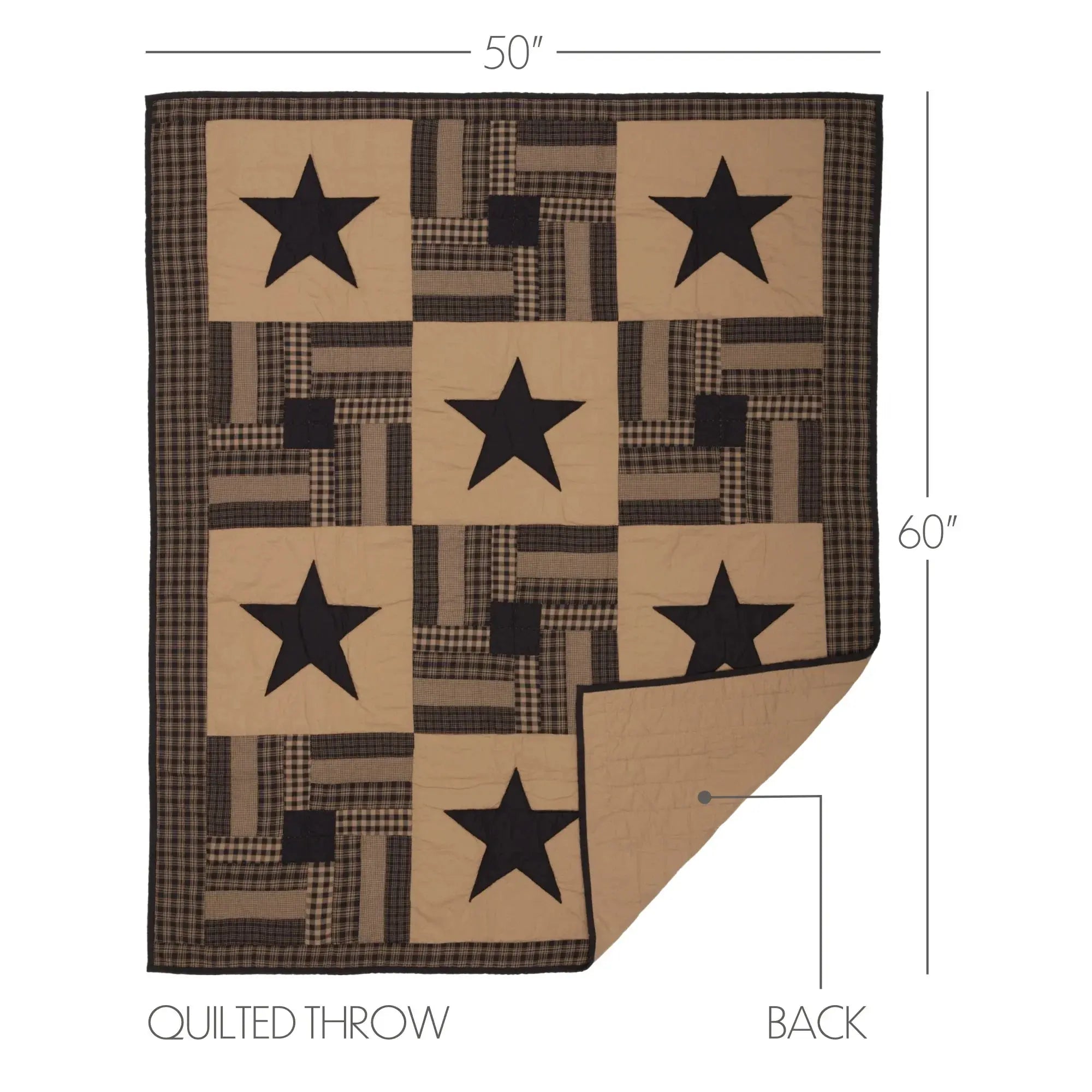 Quilted throw with star pattern and measurements on a white background