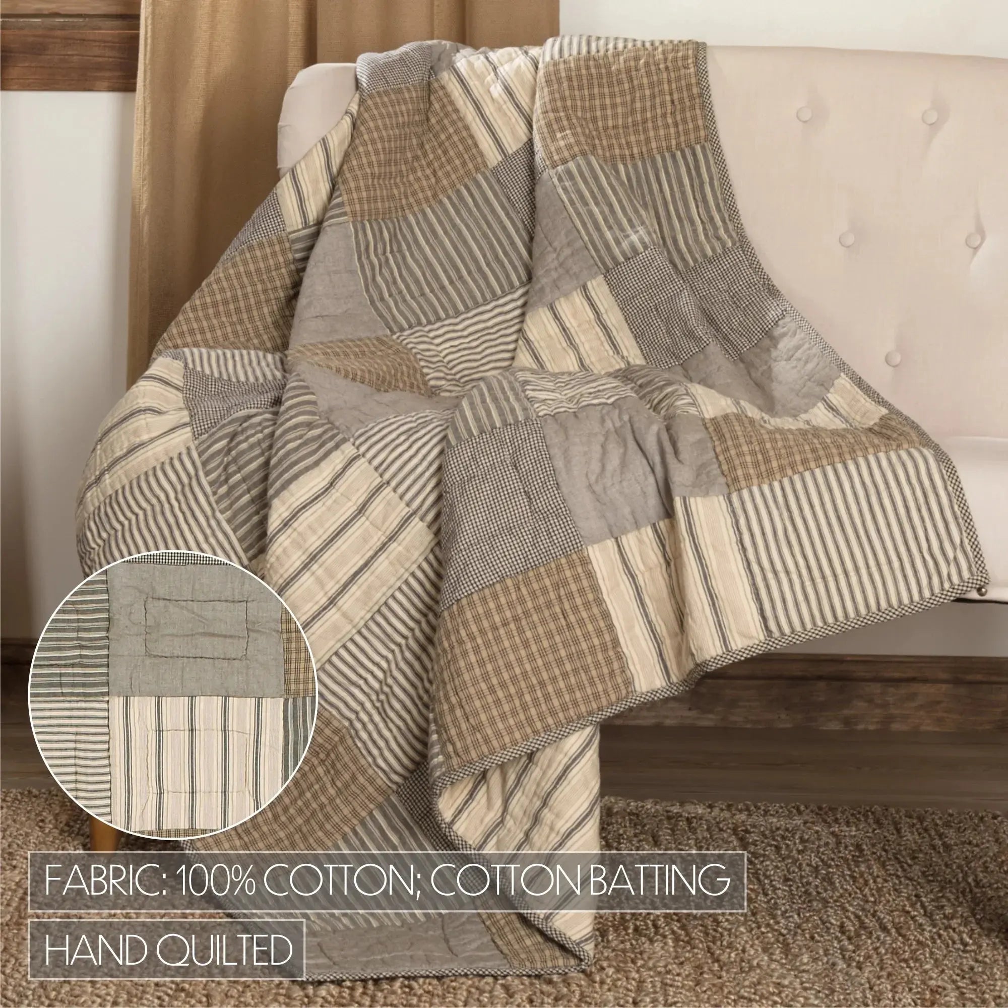 Hand-quilted cotton patchwork throw blanket in farmhouse style, perfect for cozy cottage decor