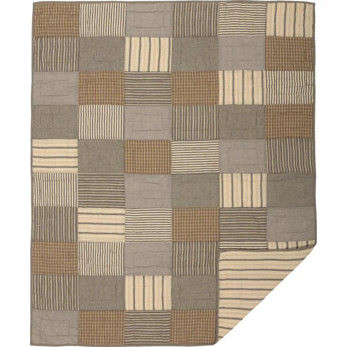 Farmhouse patchwork quilt with neutral stripes and plaids for cozy cottage decor