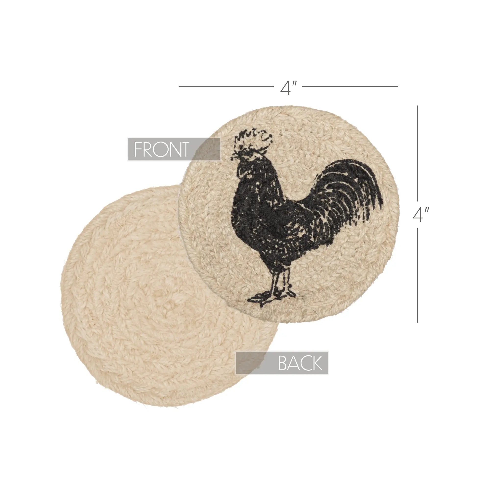Two round coasters with a rooster design, one showing front and back views with dimensions.