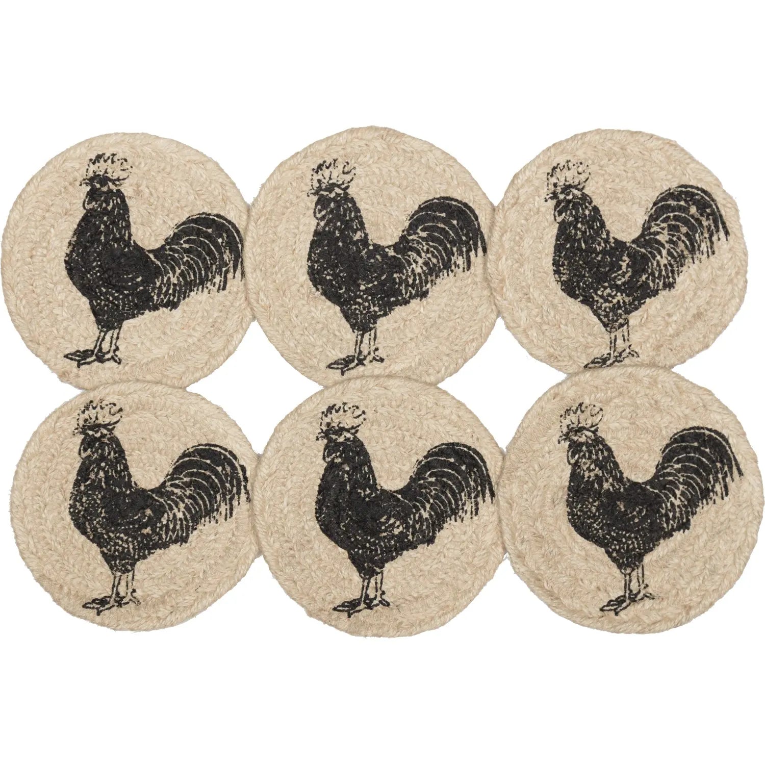 Six round coasters with black rooster designs on a beige background