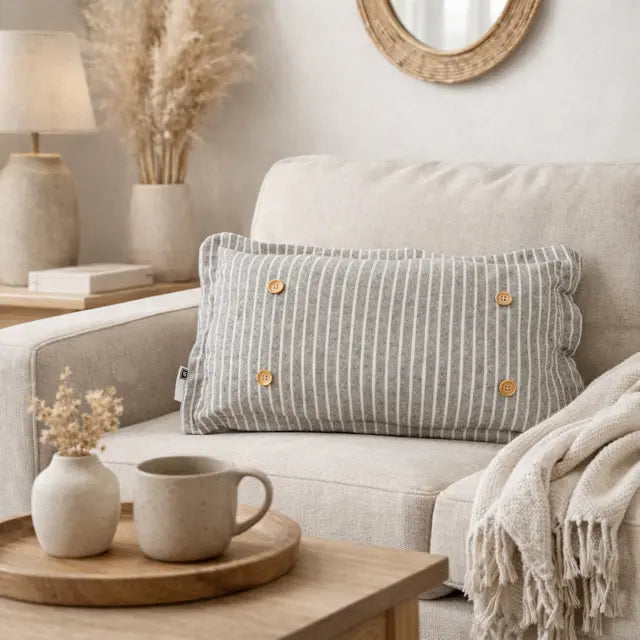 Cozy living room with a beige sofa, striped pillow, and decorative items.