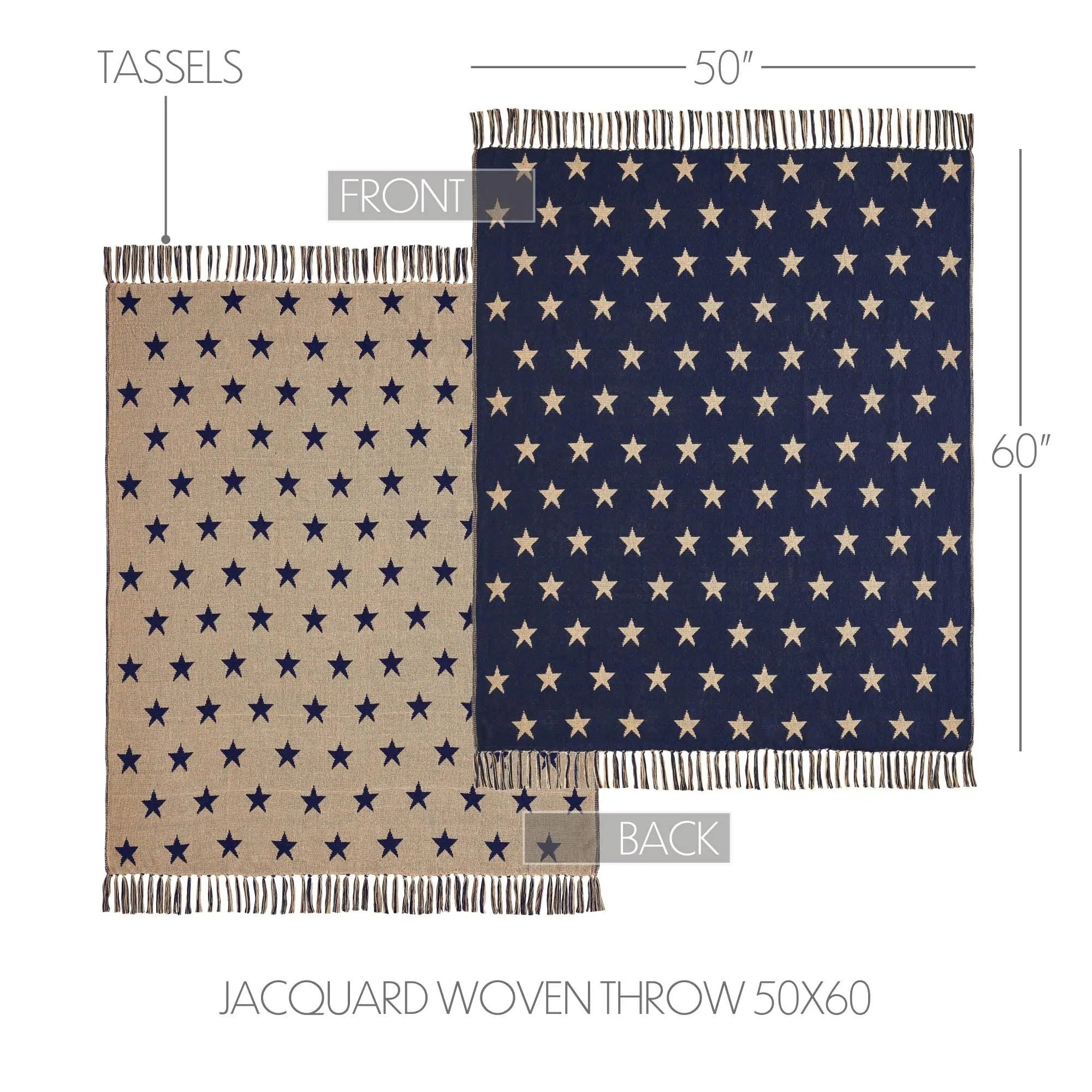 Jacquard woven throw blanket with star pattern, front and back views, and measurements.