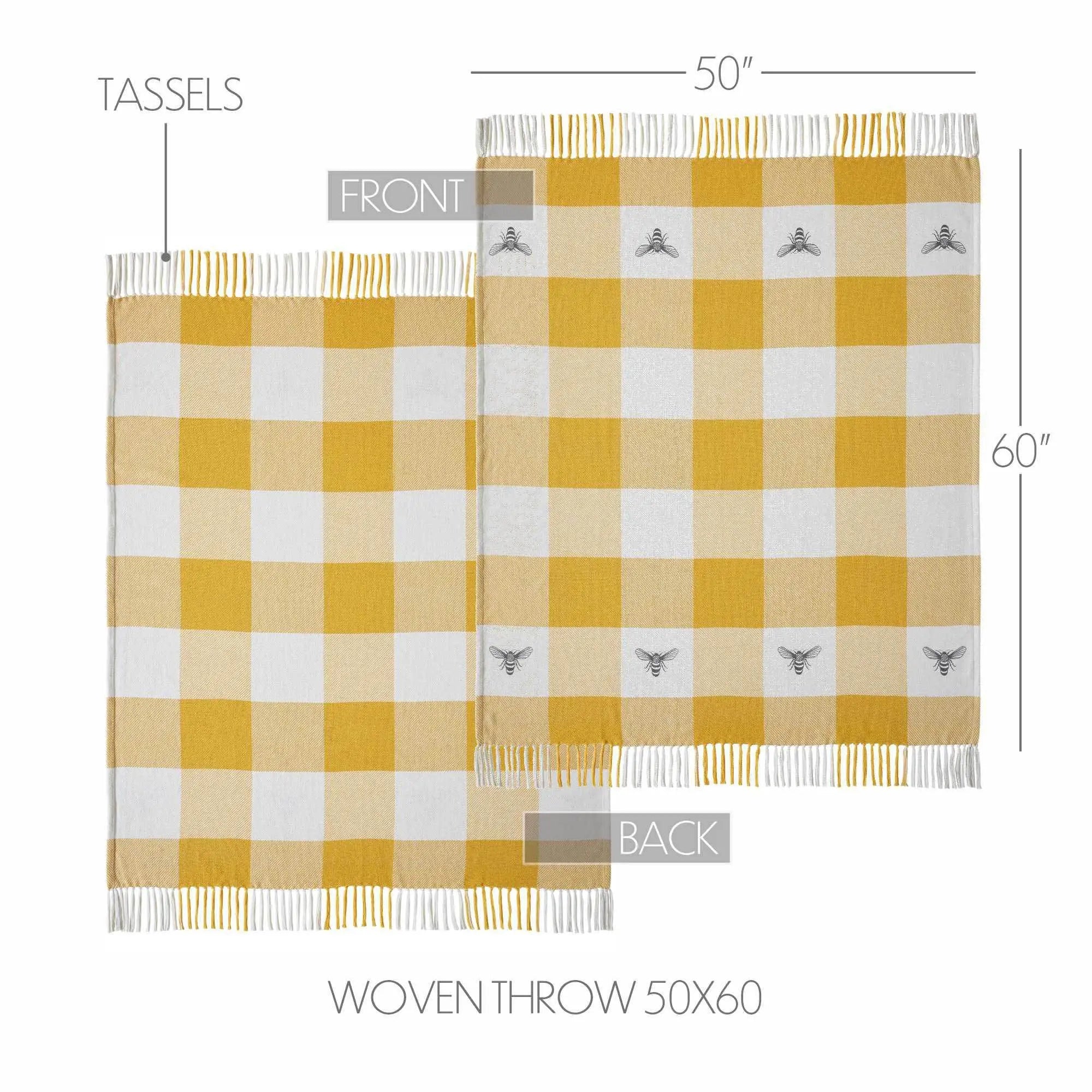 Yellow and white gingham woven throw blanket with bee motifs and tassels, 50x60 inches, farmhouse decor