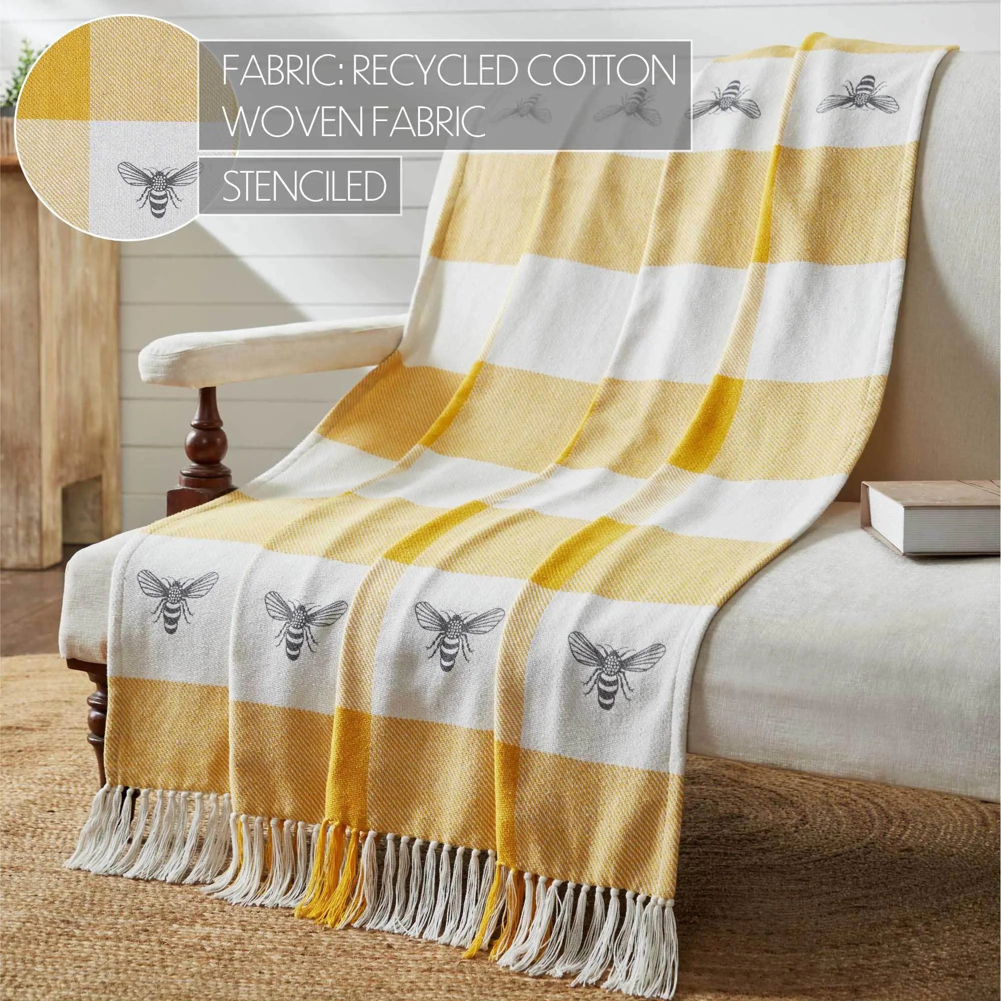 Yellow and white striped farmhouse throw blanket with stenciled bee design, recycled cotton woven fabric, cozy cottage decor
