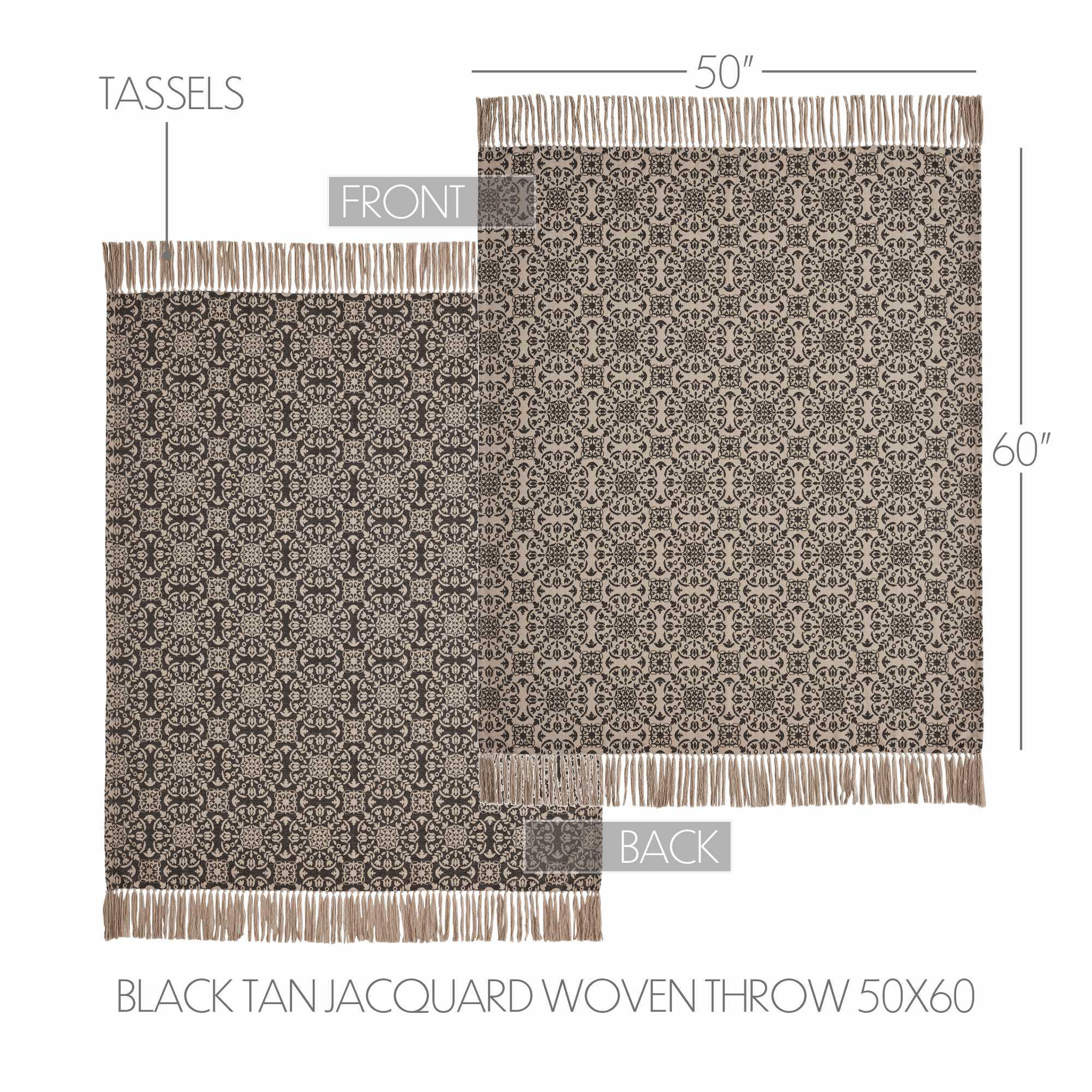 Black and tan jacquard woven throw blanket with tassels, 50x60 inches, farmhouse cozy decor
