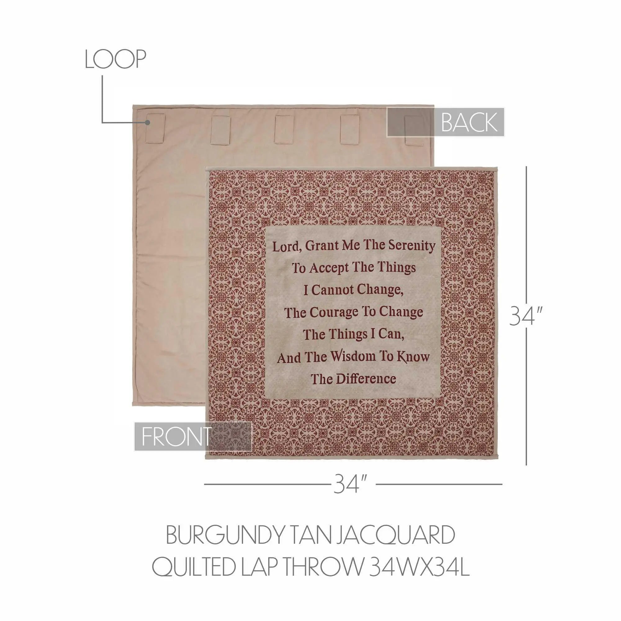 Burgundy tan jacquard quilted lap throw with Serenity Prayer text on a white background