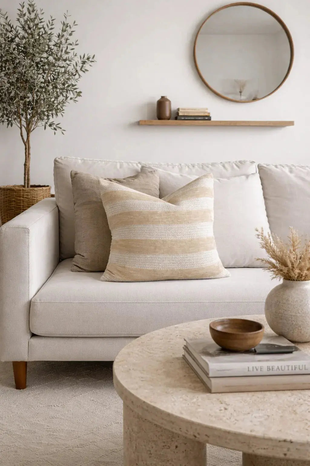 Cozy farmhouse living room with striped throw pillows, round mirror, and neutral decor