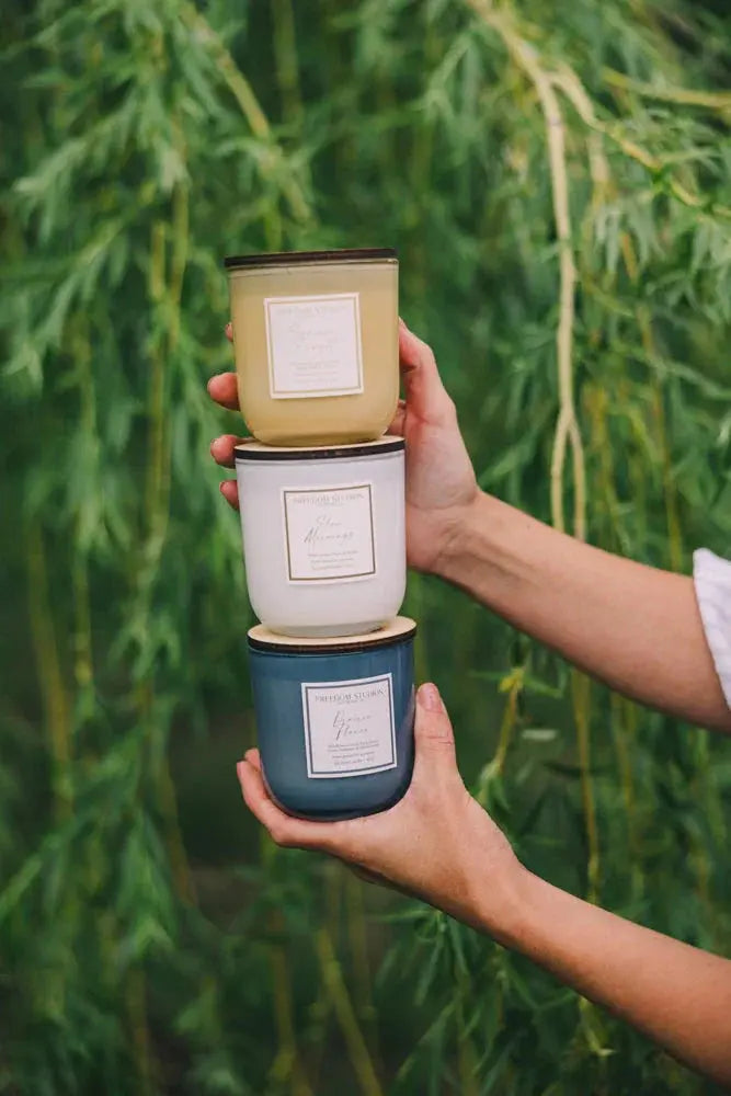 Three farmhouse-style scented candles in cream, white, and blue jars held outdoors near green willow branches