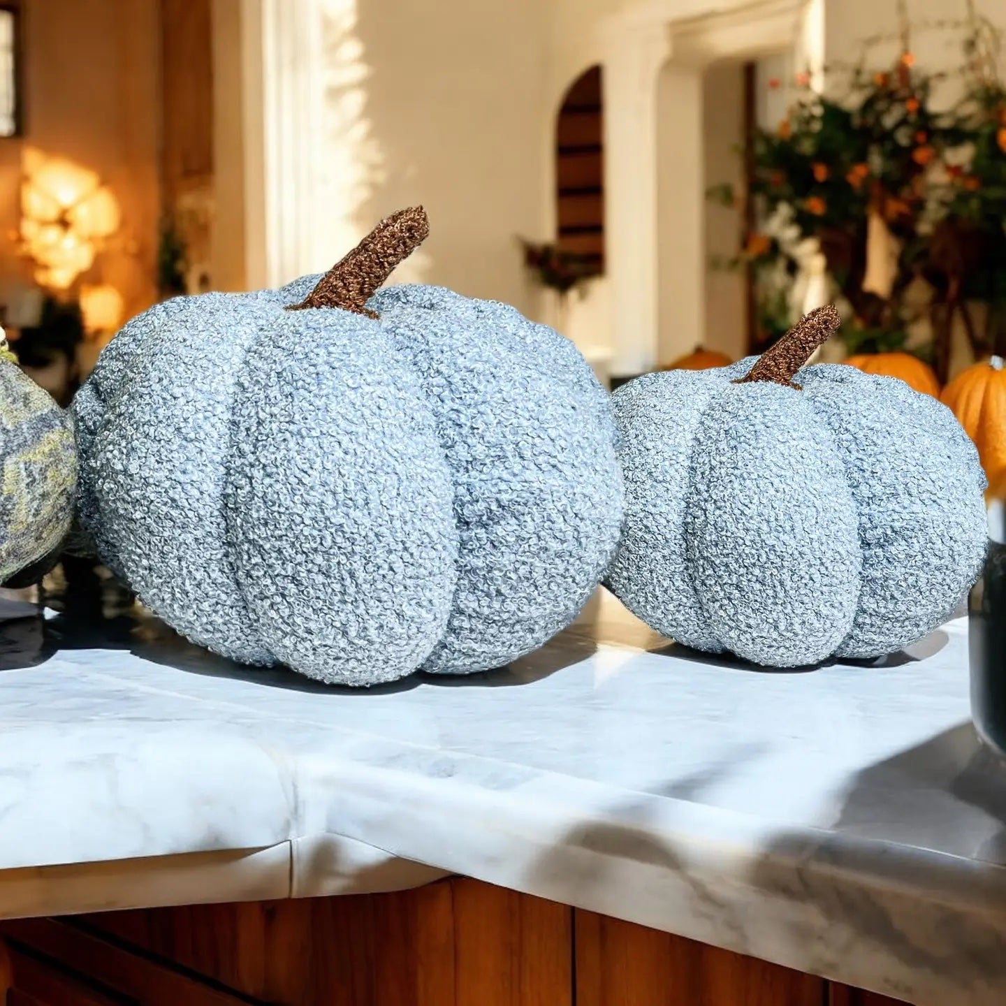 Two textured gray pumpkins on a table with a blurred indoor background.
