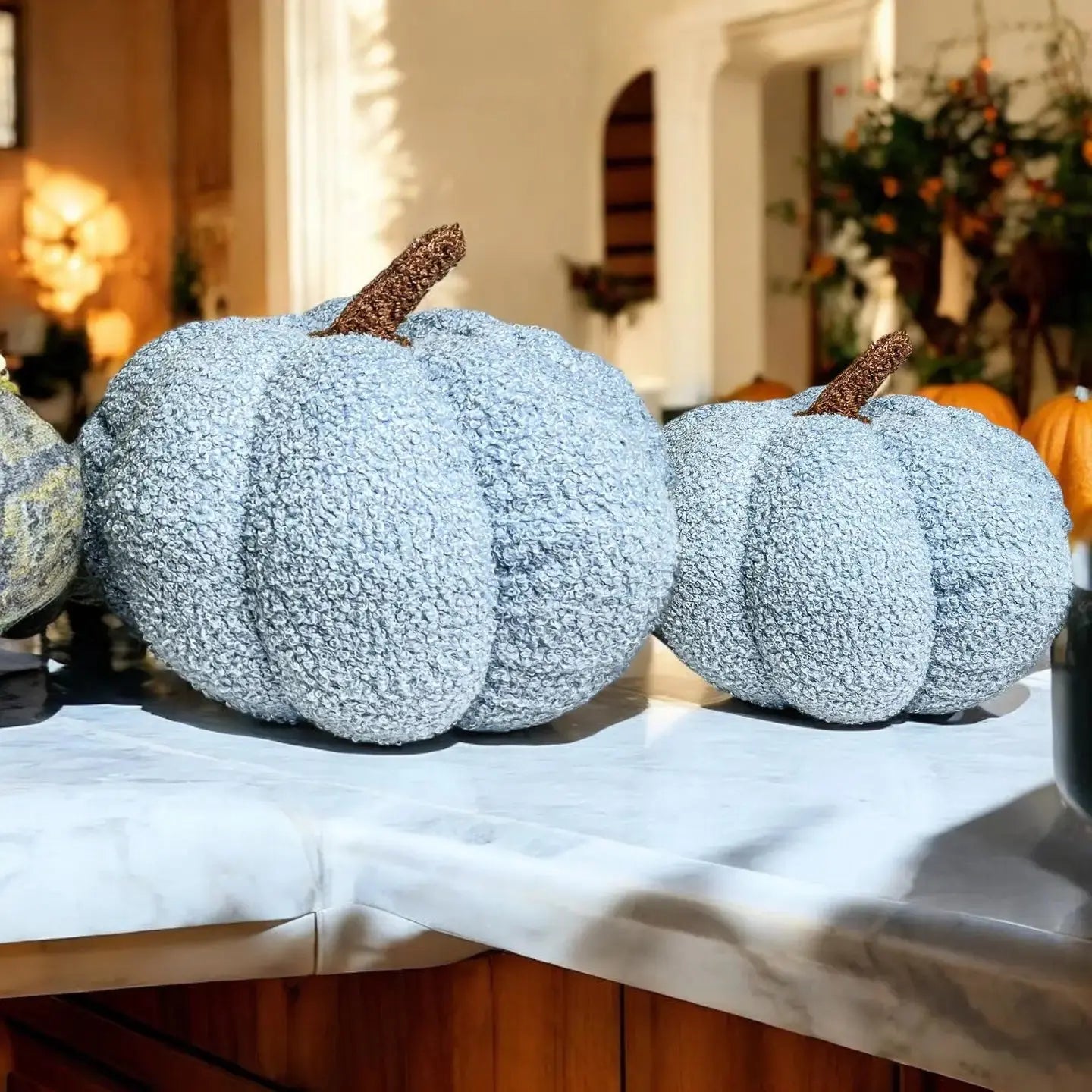 Two textured gray pumpkins on a table with a blurred indoor background.