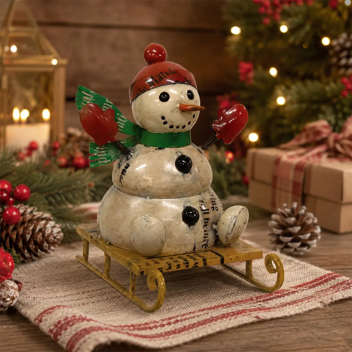 Mr. McFlurry Recycled Metal Sledding Snowman – Christmas Decor