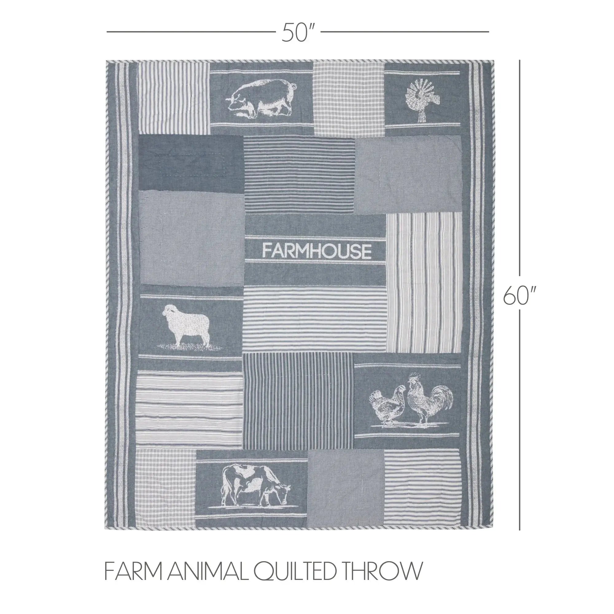 Farm animal quilted throw with measurements on a white background