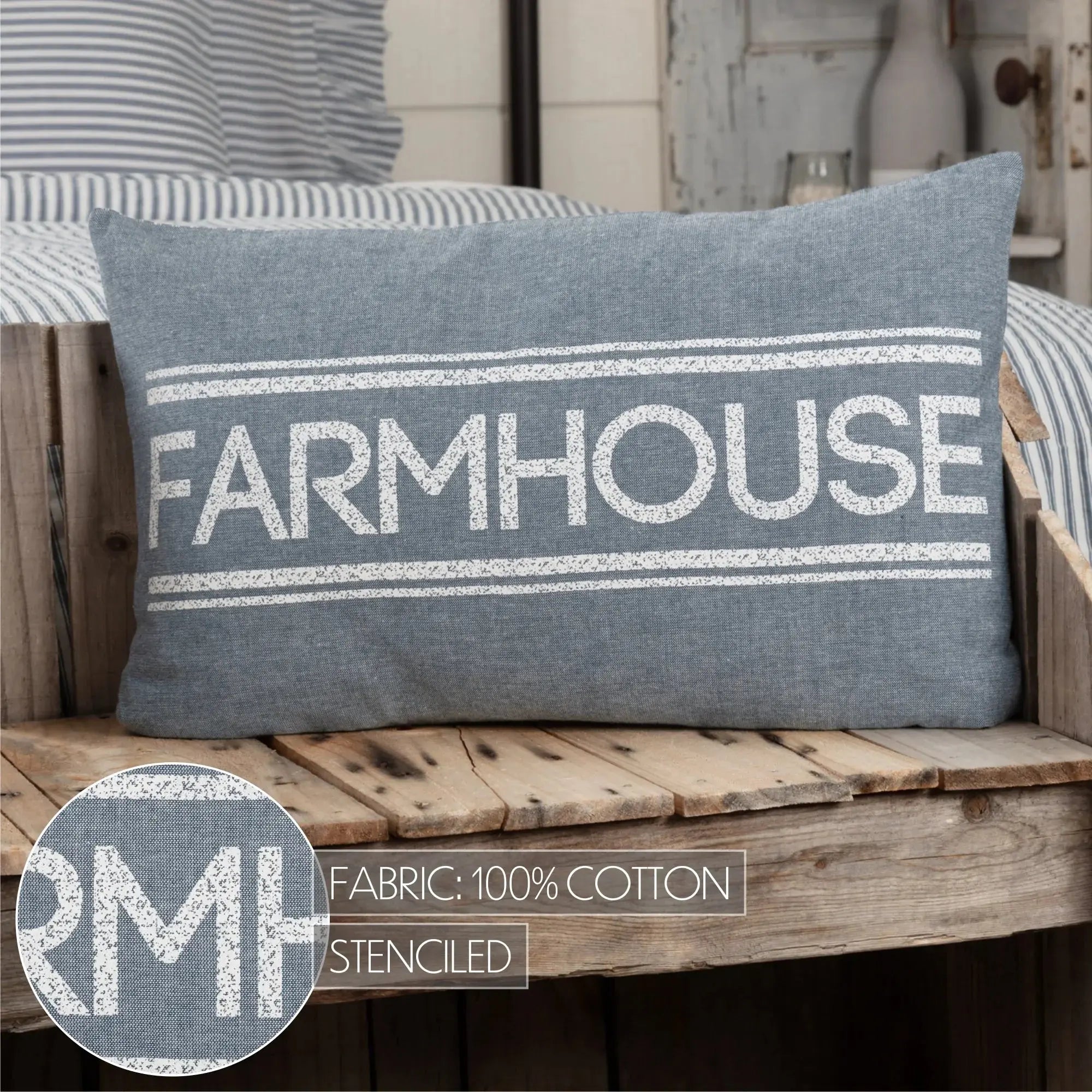 Gray farmhouse pillow with stenciled white text, 100% cotton, on rustic wood crate for cozy cottage decor