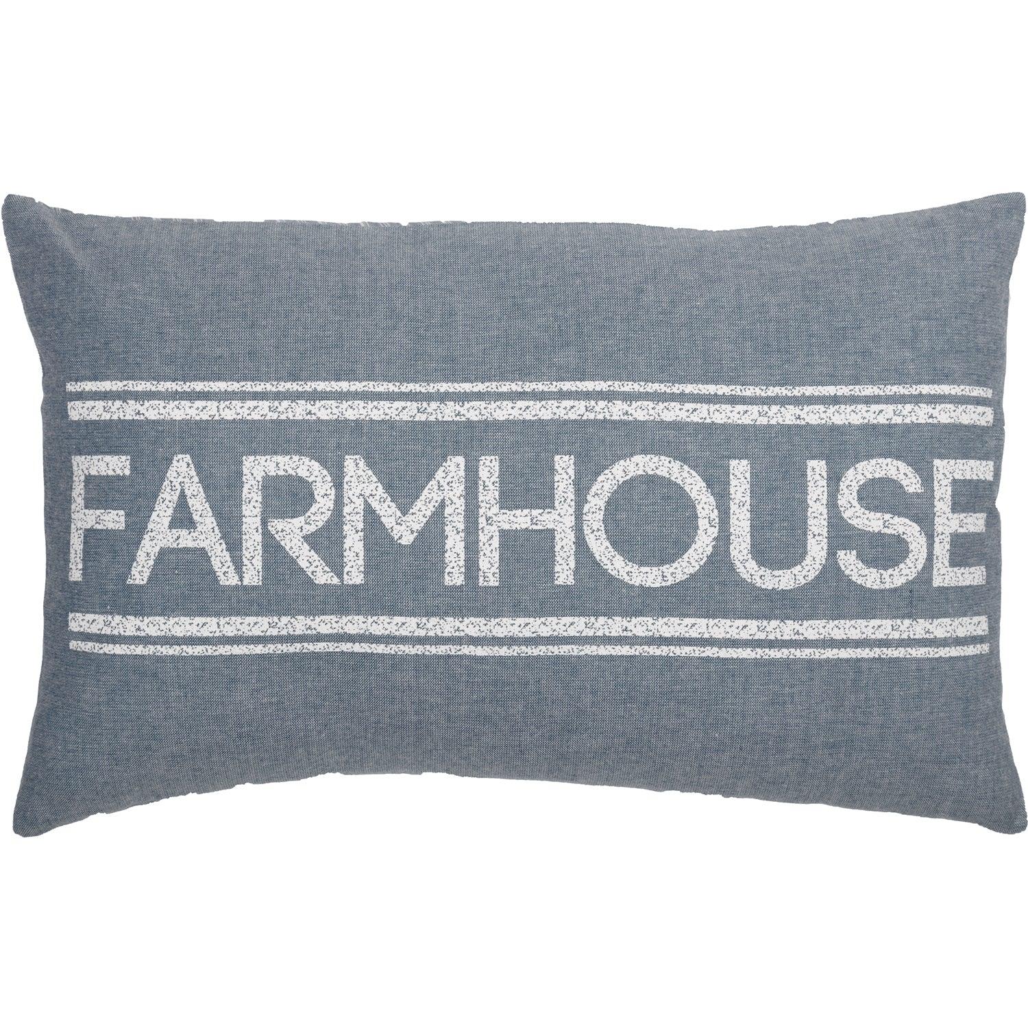 Gray farmhouse pillow with white 'FARMHOUSE' text and stripes, cozy cottage decor accent