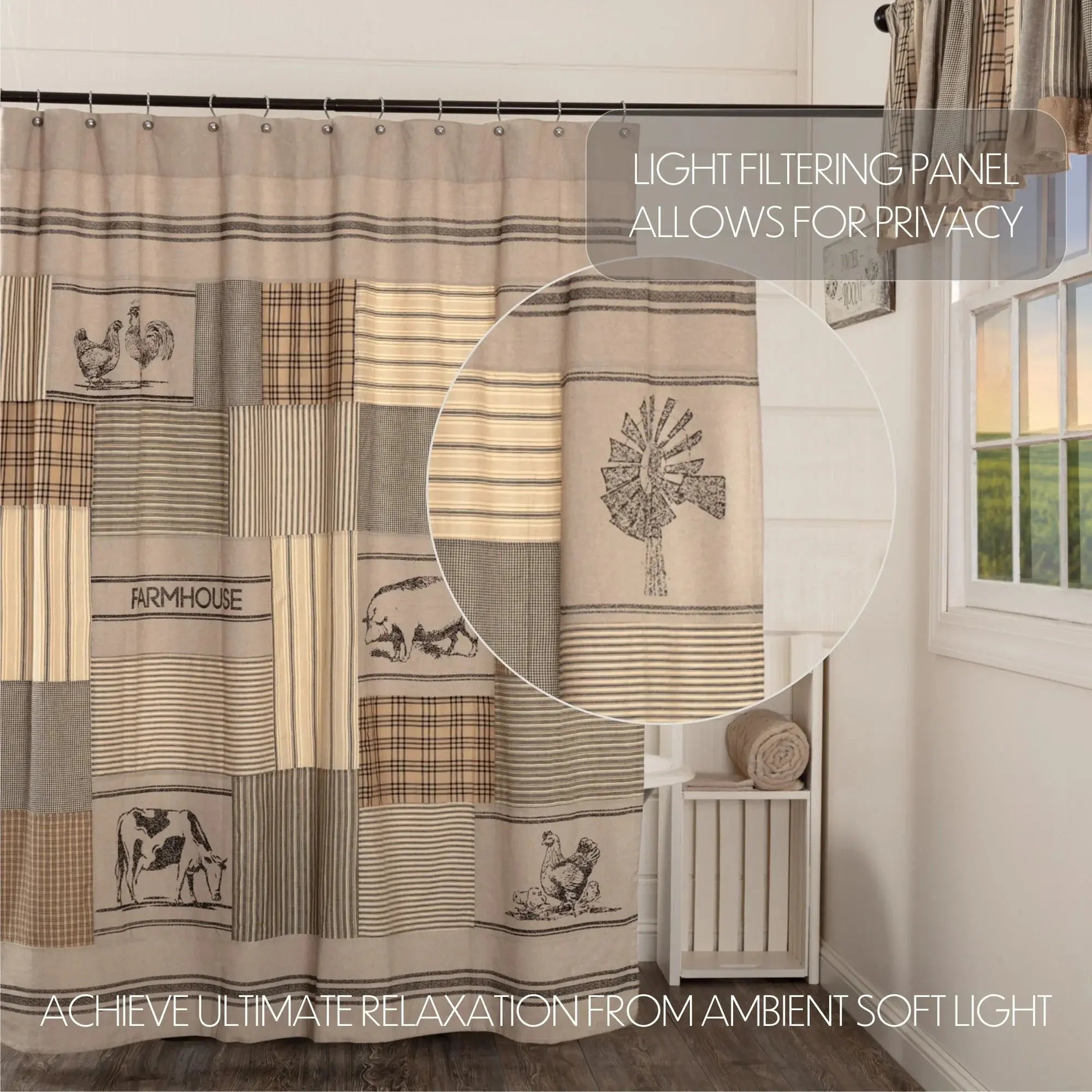 Farmhouse shower curtain with patchwork stripes, roosters, cows, windmill, and 'FARMHOUSE' text for cozy bathroom decor