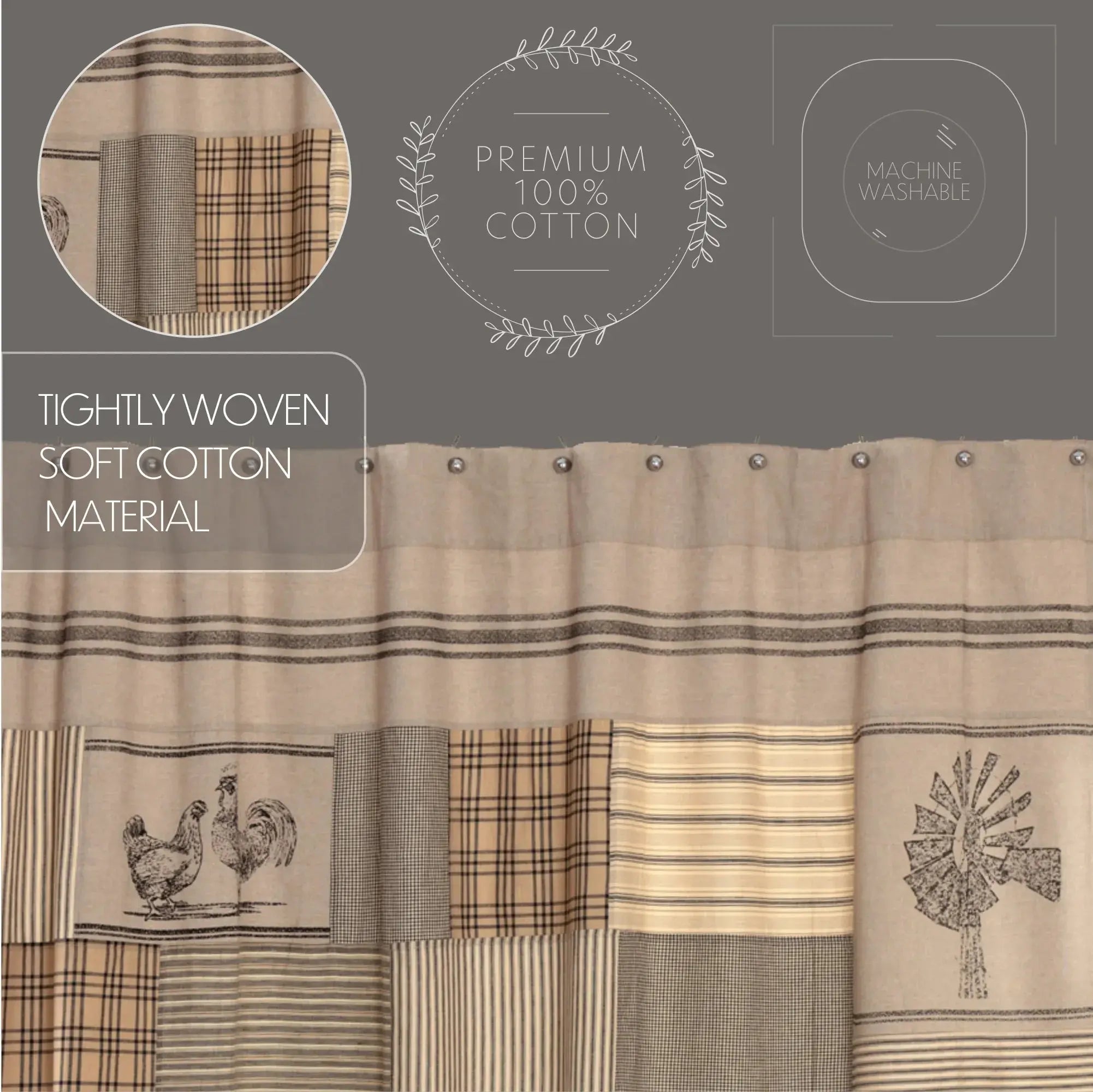 Farmhouse cotton shower curtain with rooster, windmill, and plaid patchwork design, 100% machine washable