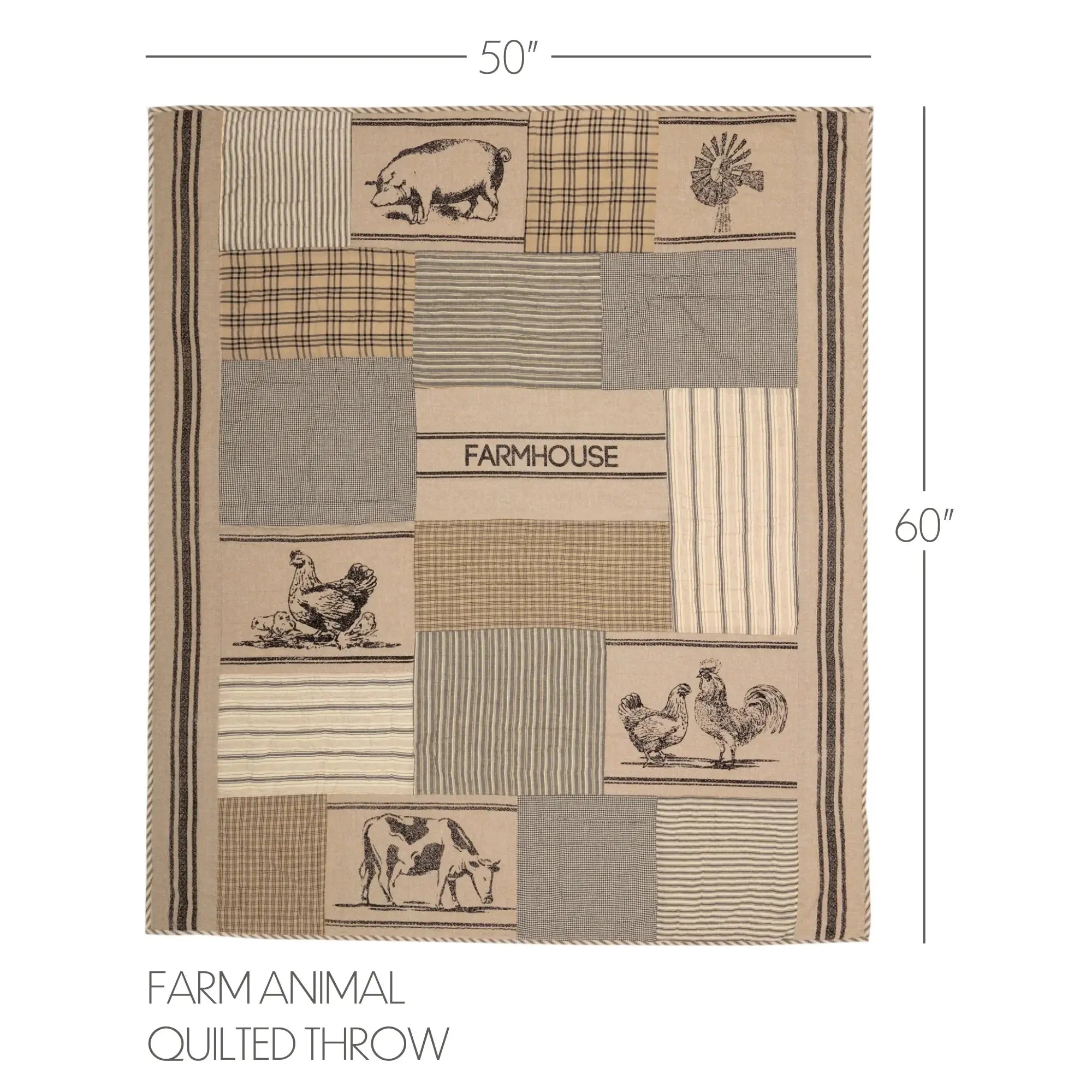 Farmhouse quilted throw blanket with farm animal prints, plaid and stripe patterns, cozy cottage decor