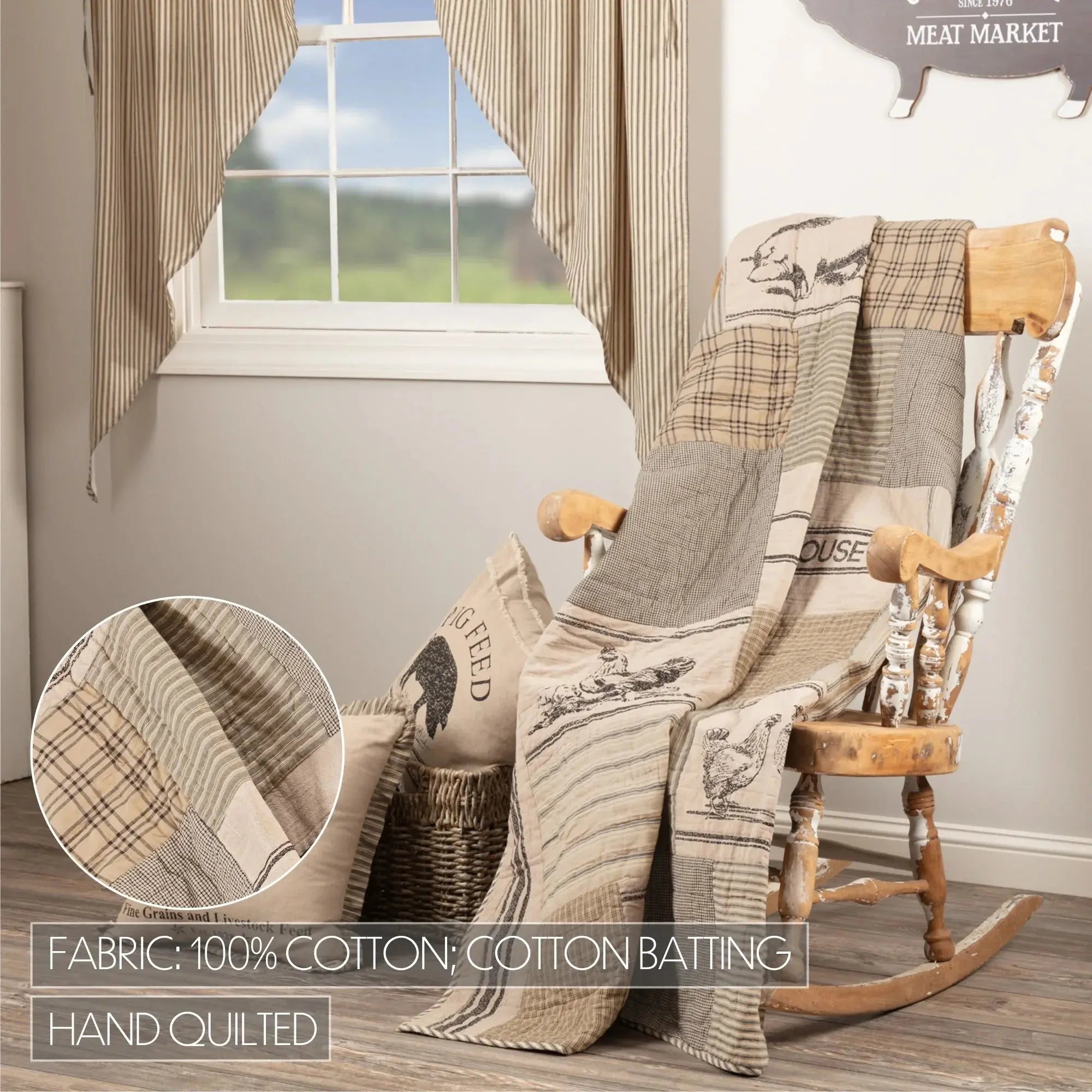 Farmhouse patchwork quilt with chickens, hand-quilted 100% cotton, draped on rocking chair near window