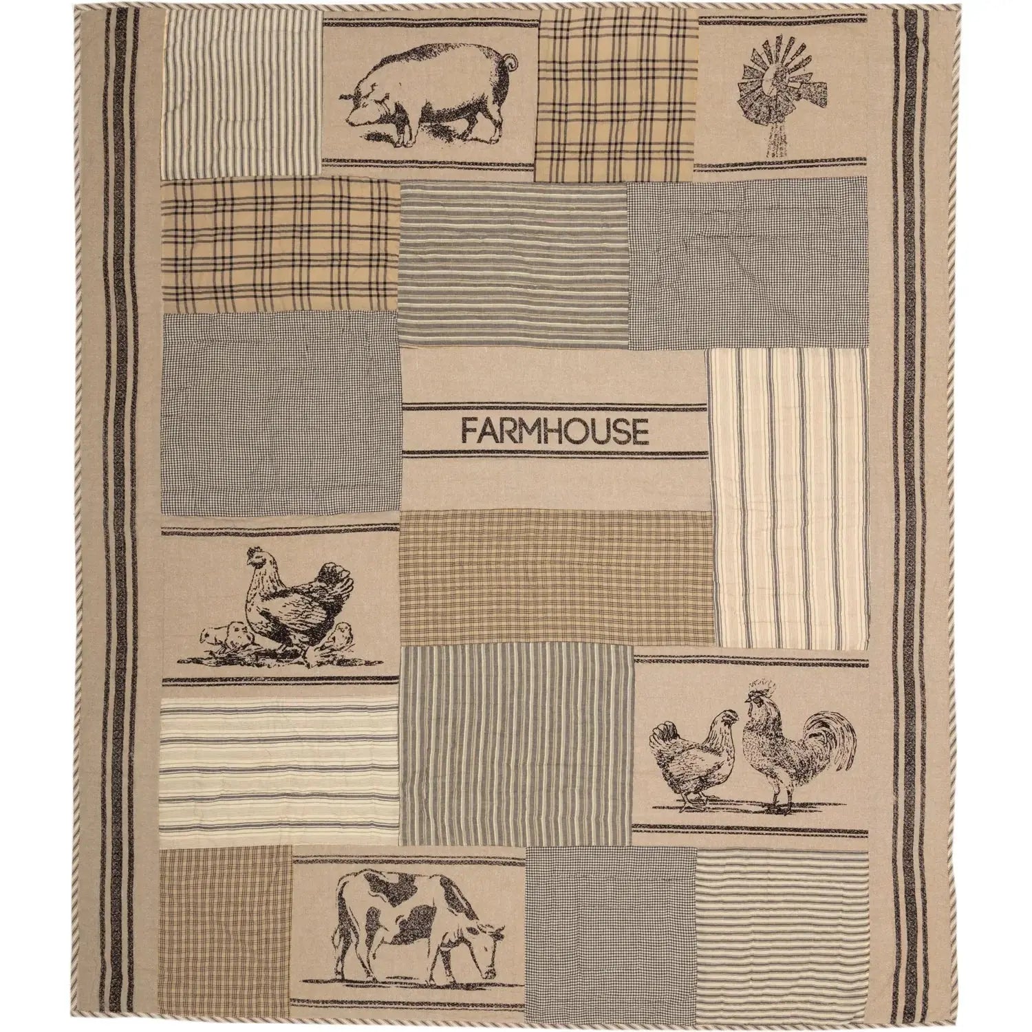 Farmhouse-style patchwork quilt with pigs, chickens, cows, windmill, and 'FARMHOUSE' text in neutral tones