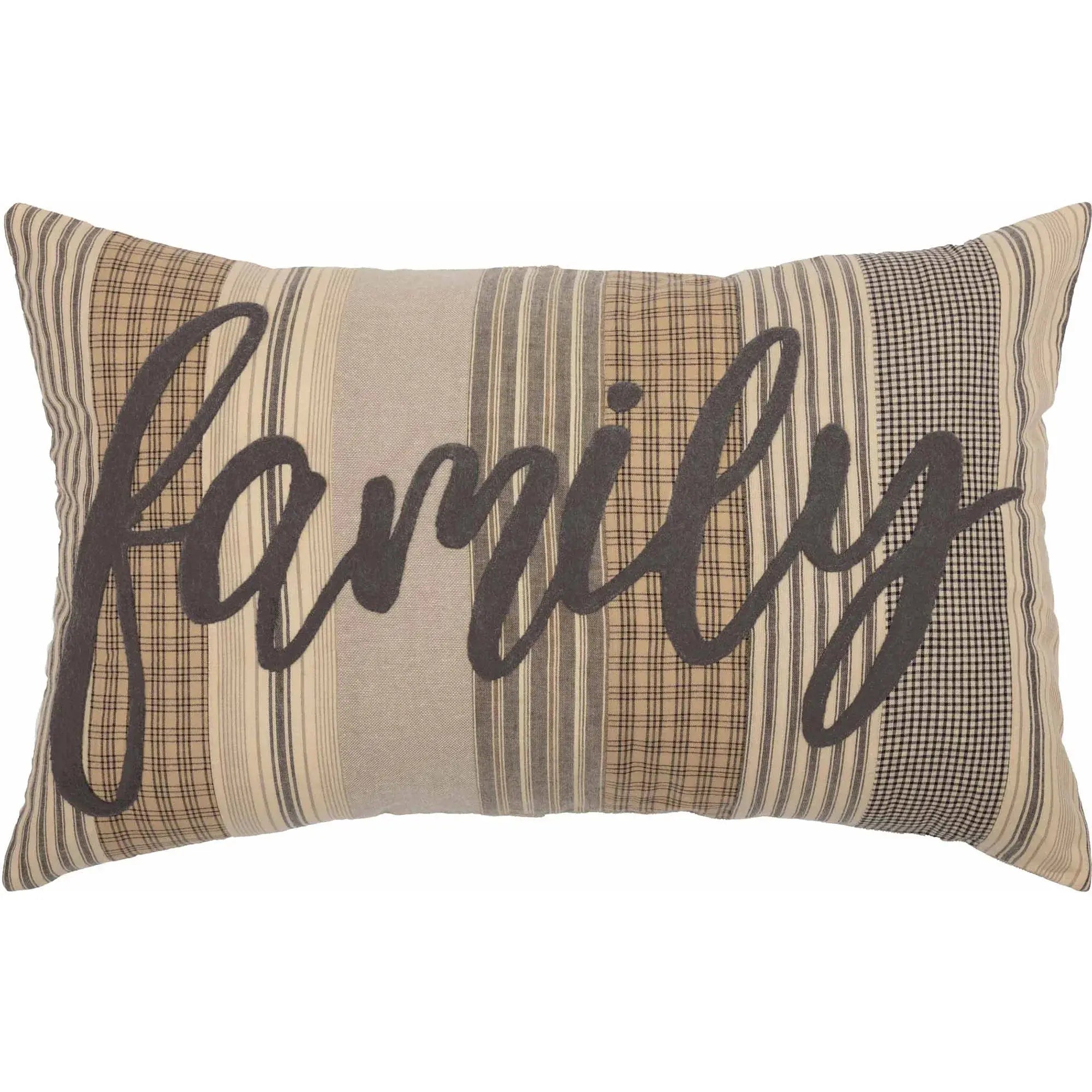 Farmhouse-style pillow with 'family' script, plaid and stripe patterns for cozy cottage decor