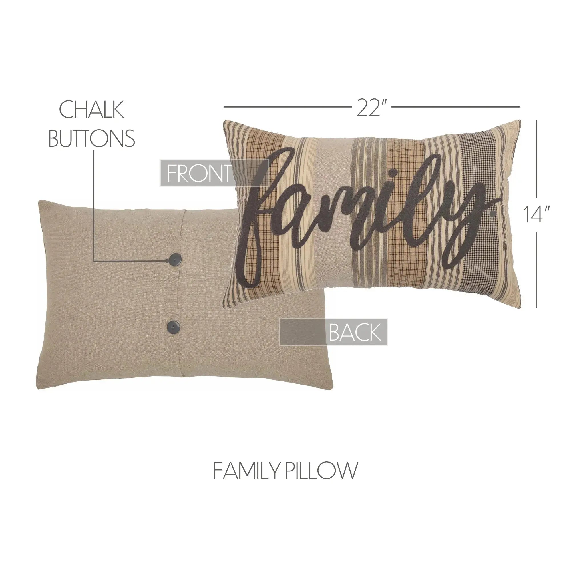 Farmhouse family pillow with plaid stripes, chalk buttons, 22x14 inches, cozy cottage decor