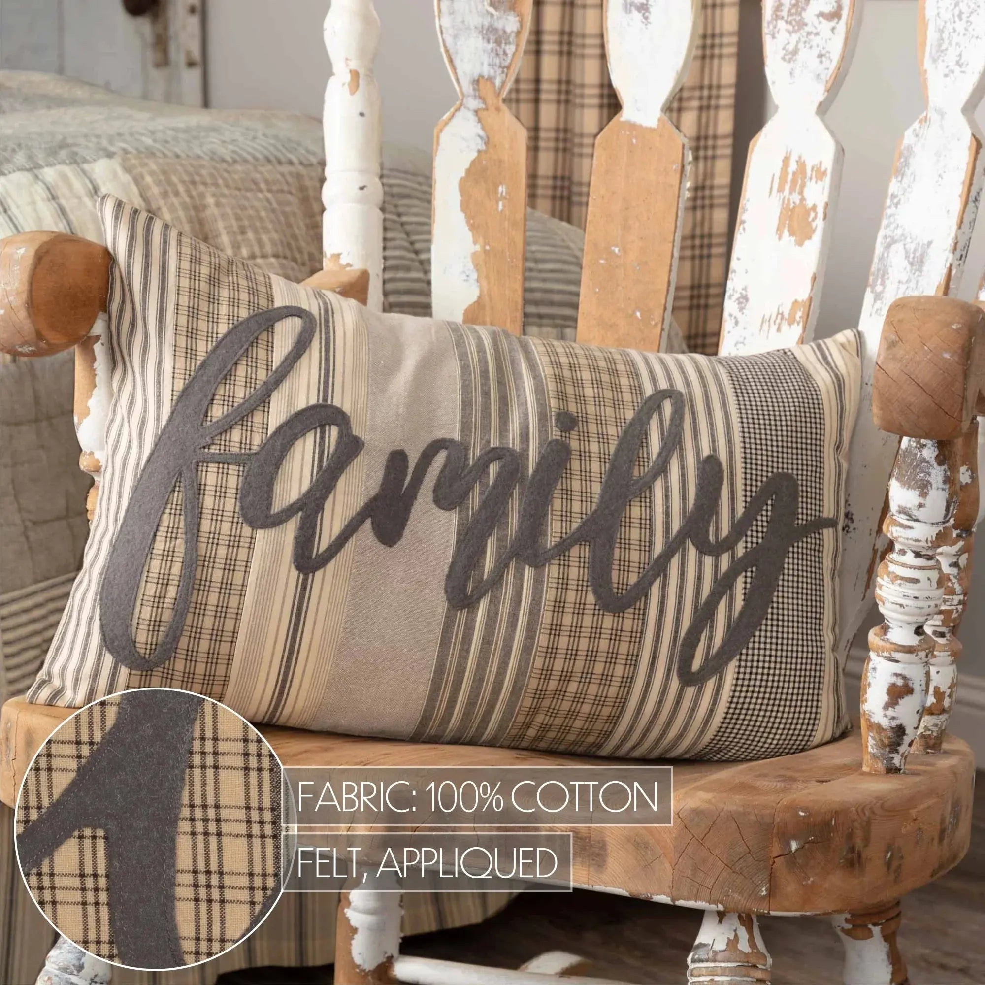 Farmhouse 'Family' pillow with plaid and stripe patterns, 100% cotton, felt appliqued, on rustic chair