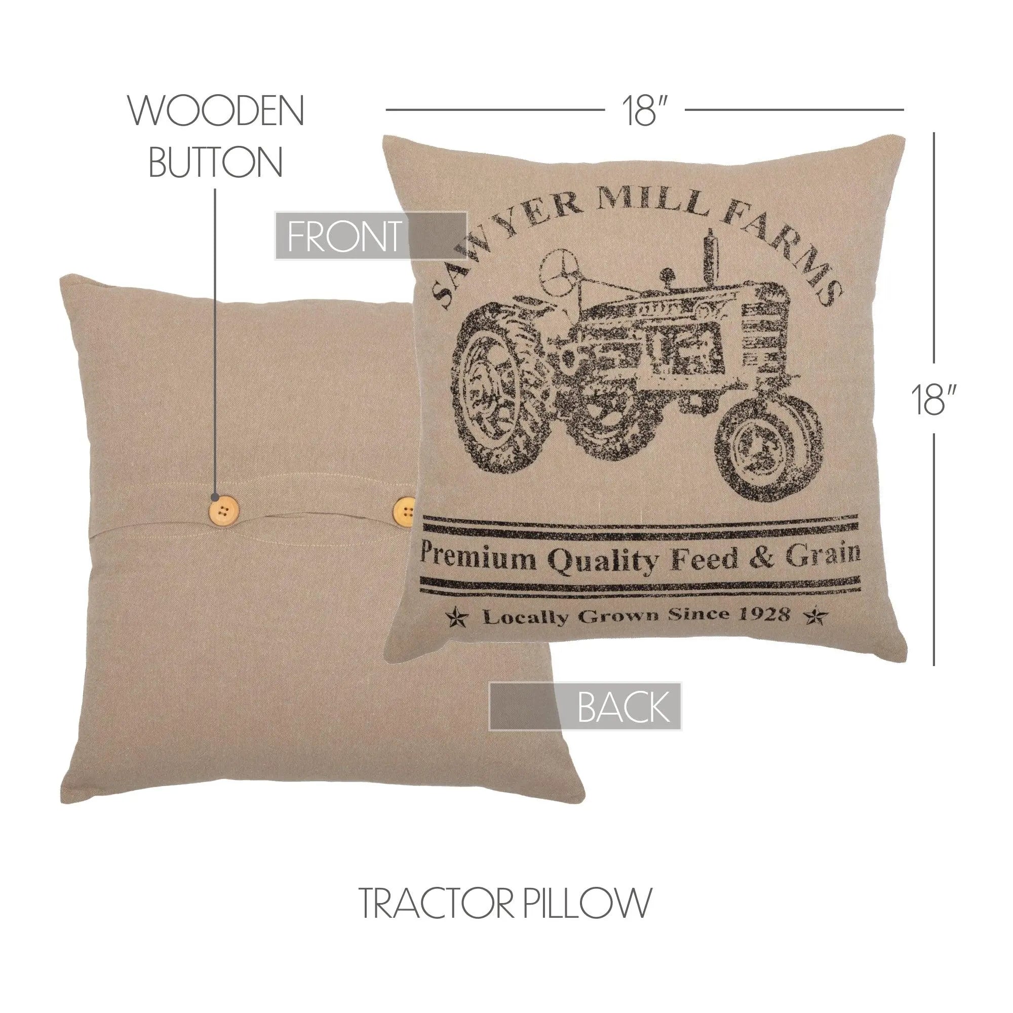 Tractor pillow with front and back views, measurements, and branding details.