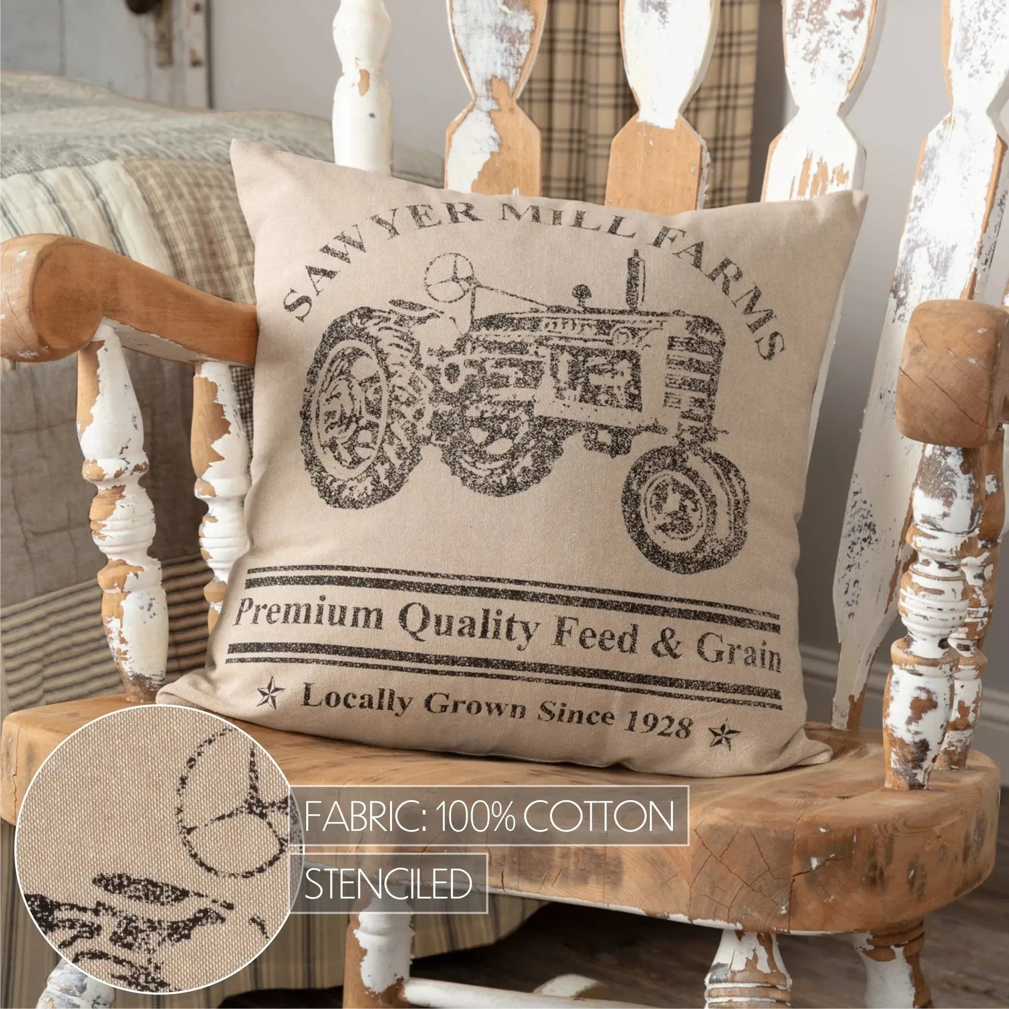 Decorative pillow with tractor design on a wooden chair