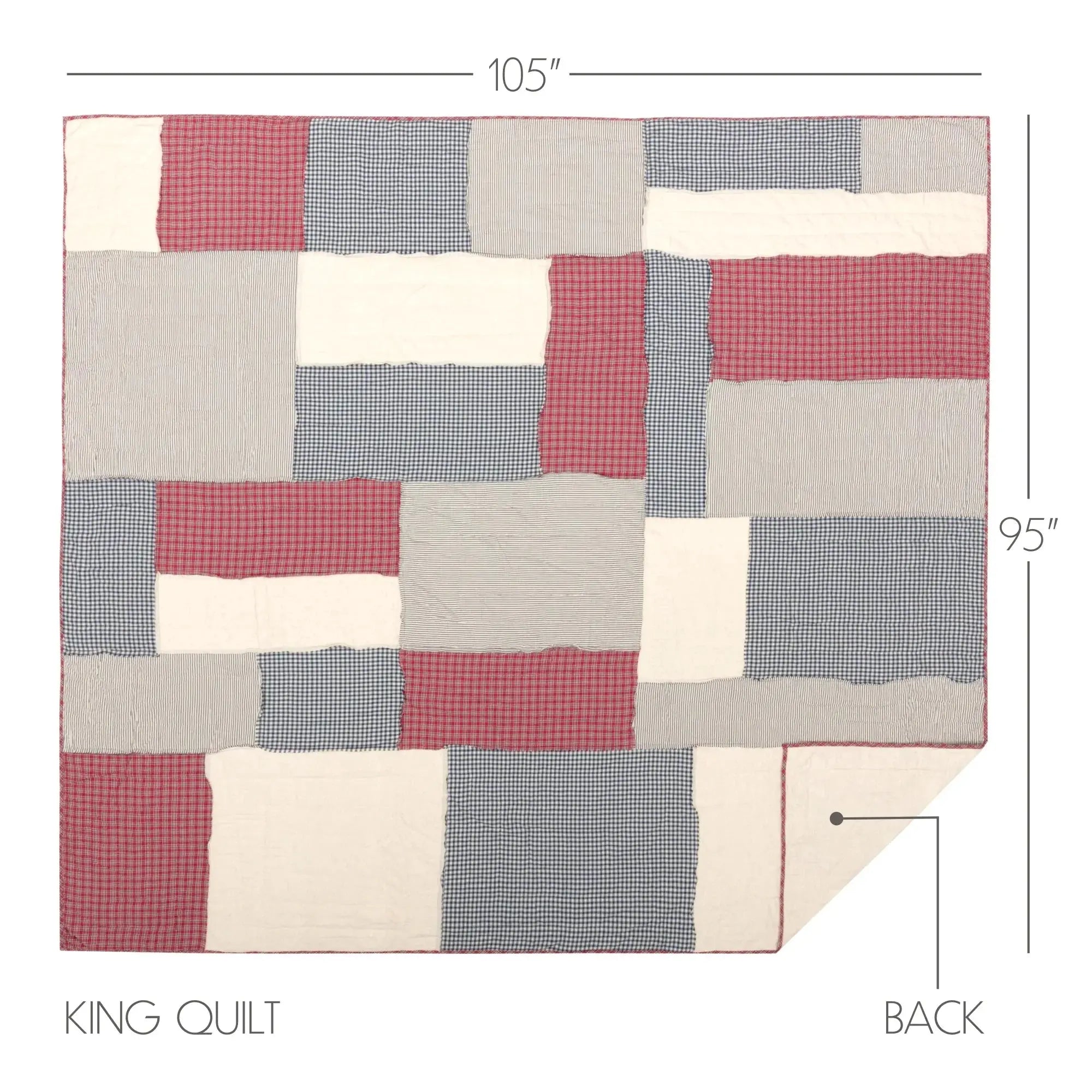 King size patchwork quilt in red, blue, and cream gingham patterns, cozy farmhouse style bedding