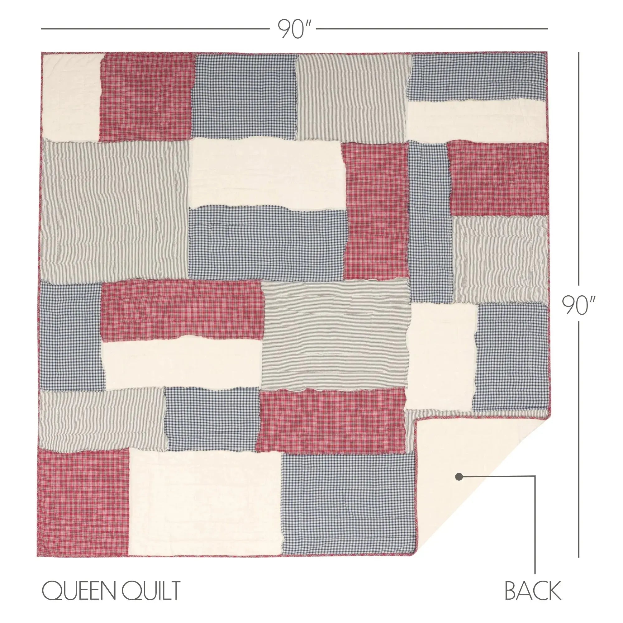 Red, white, and blue patchwork queen quilt with gingham and stripes, cozy farmhouse style bedding