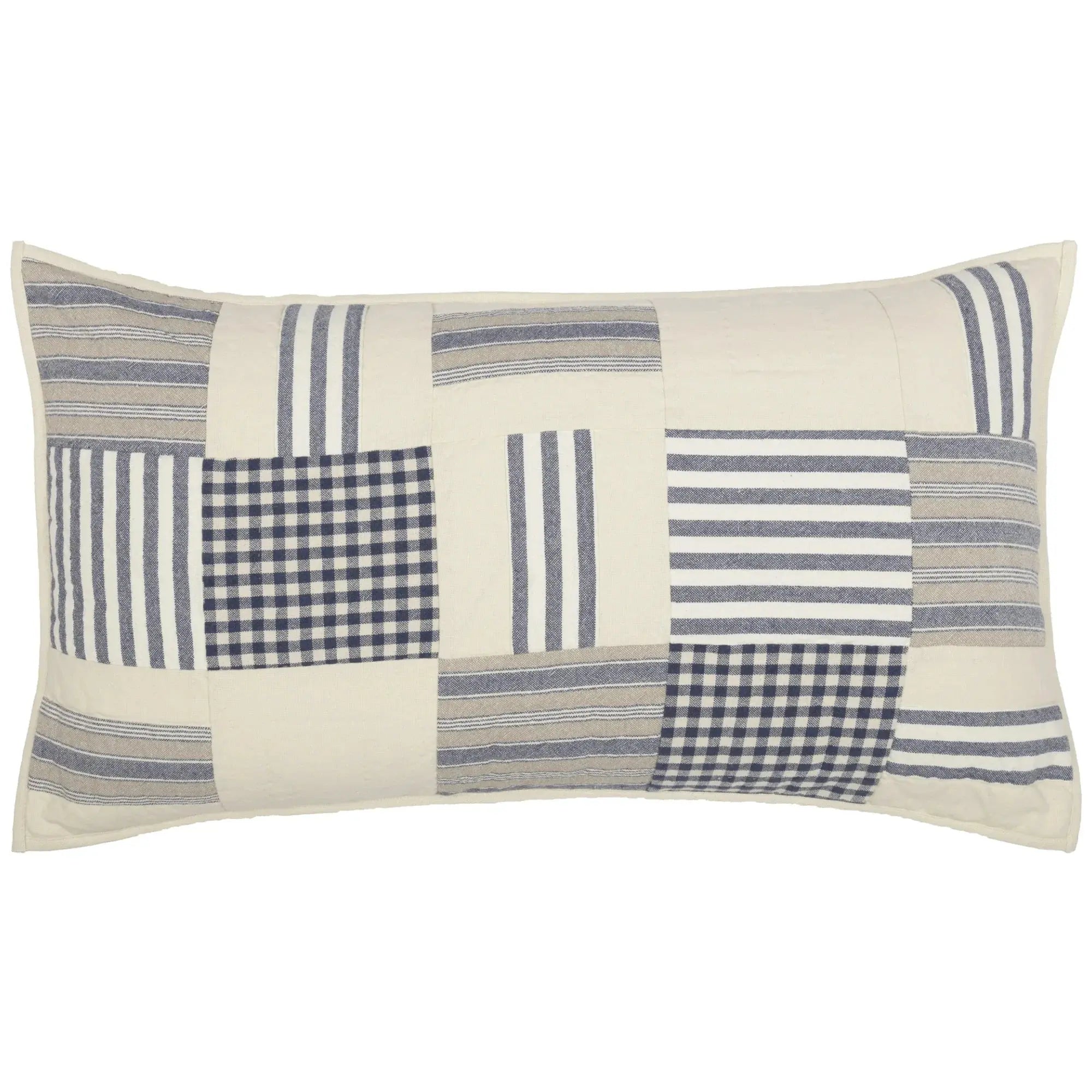 Farmhouse patchwork pillow with blue and white stripes and gingham patterns for cozy cottage decor