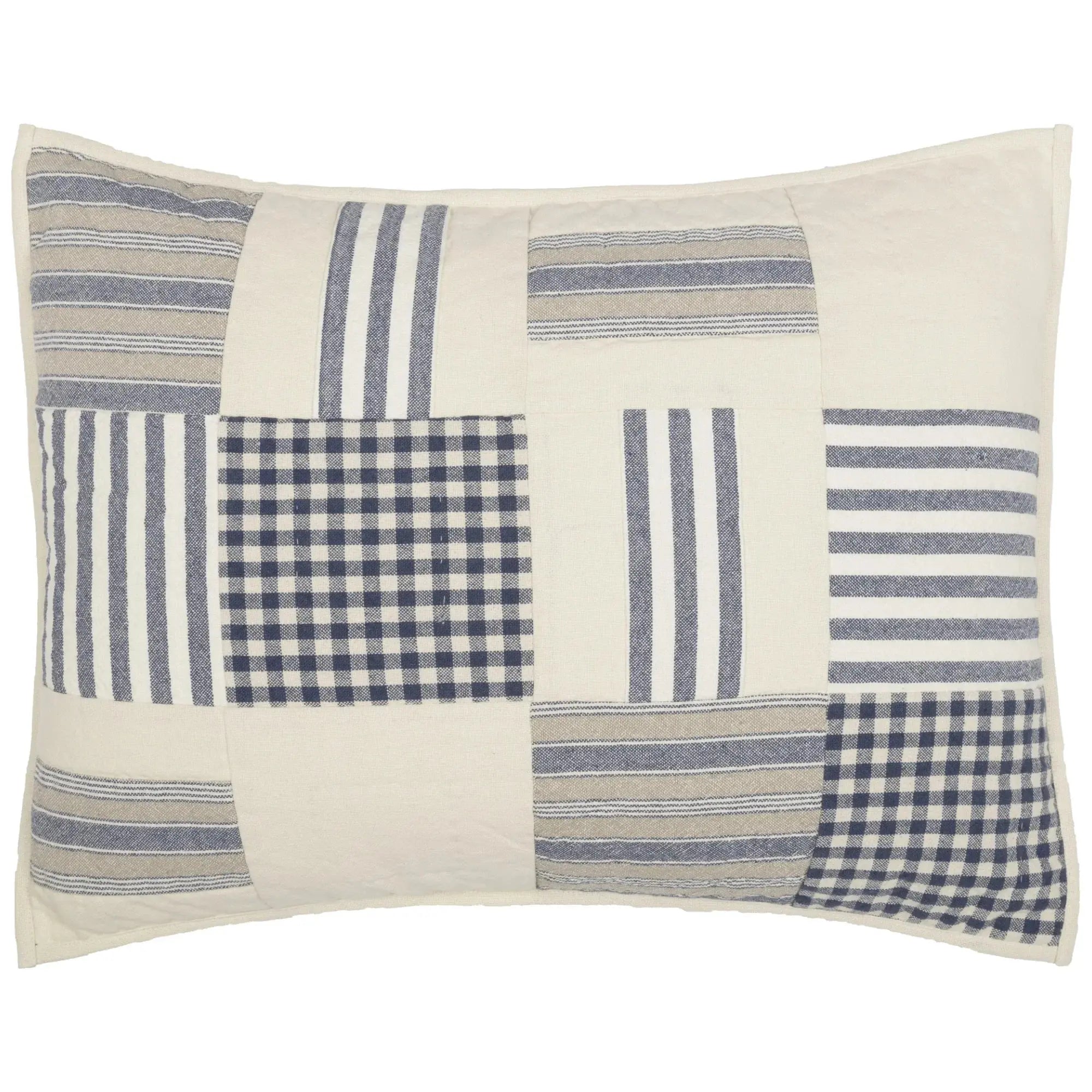 Farmhouse patchwork pillow with blue and white stripes and gingham squares, cozy cottage decor