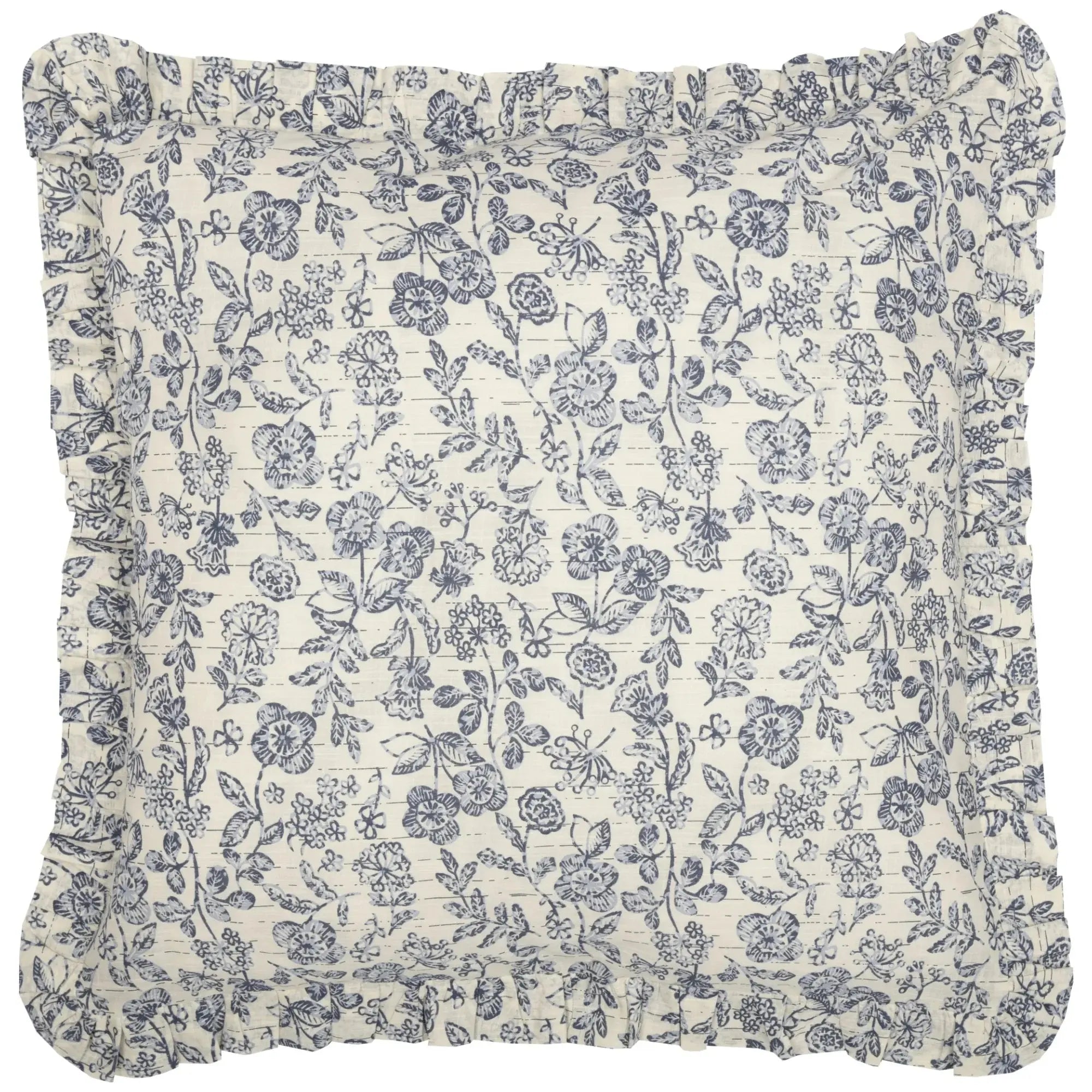 Blue floral print pillow with ruffled edges, farmhouse cottage style home decor