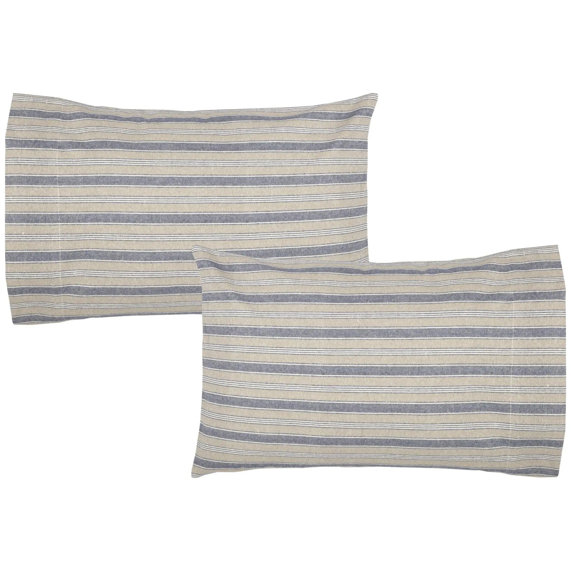 Blue and beige striped pillowcases for cozy farmhouse bedroom decor