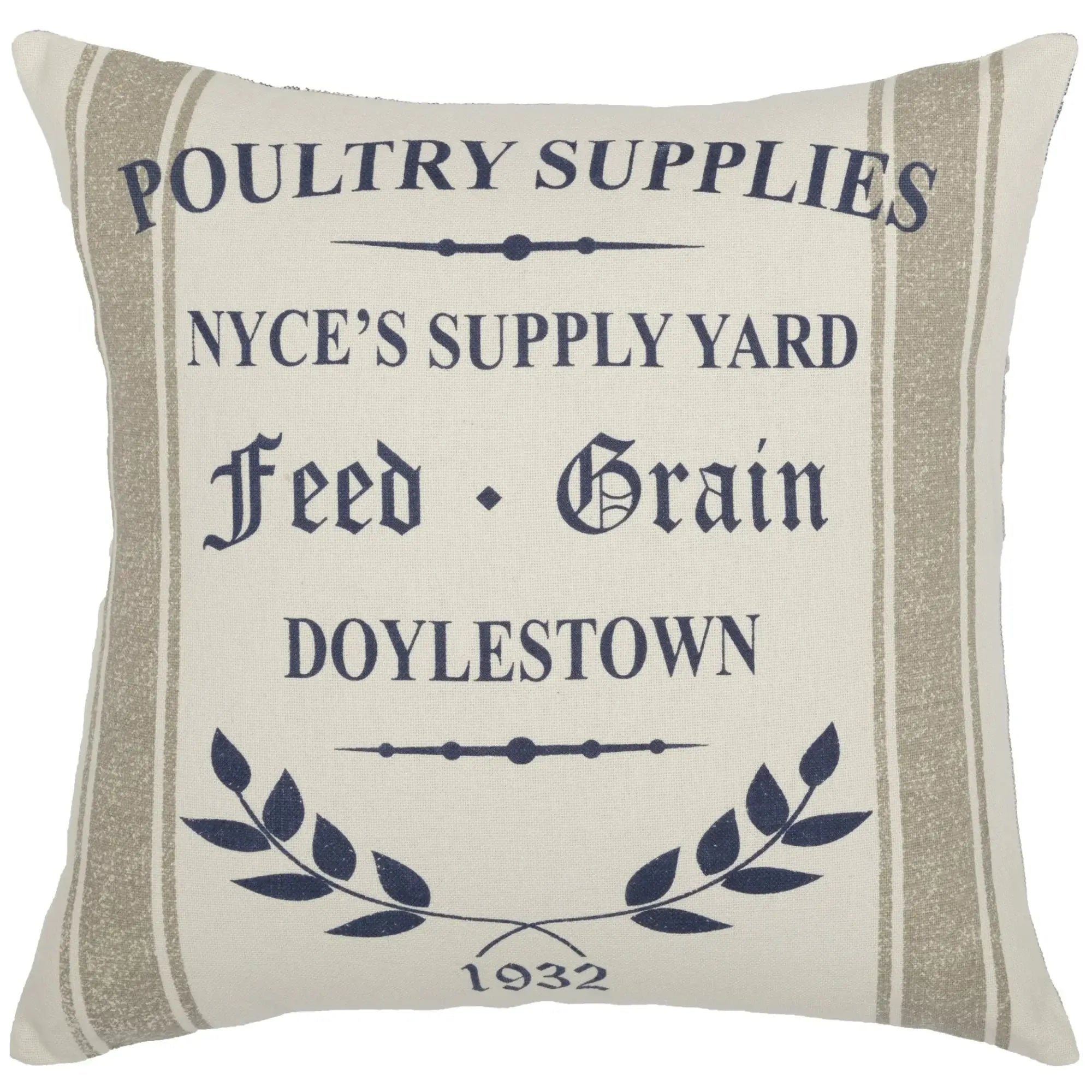 Farmhouse pillow with 'Poultry Supplies' text, vintage grain sack design, cozy cottage decor