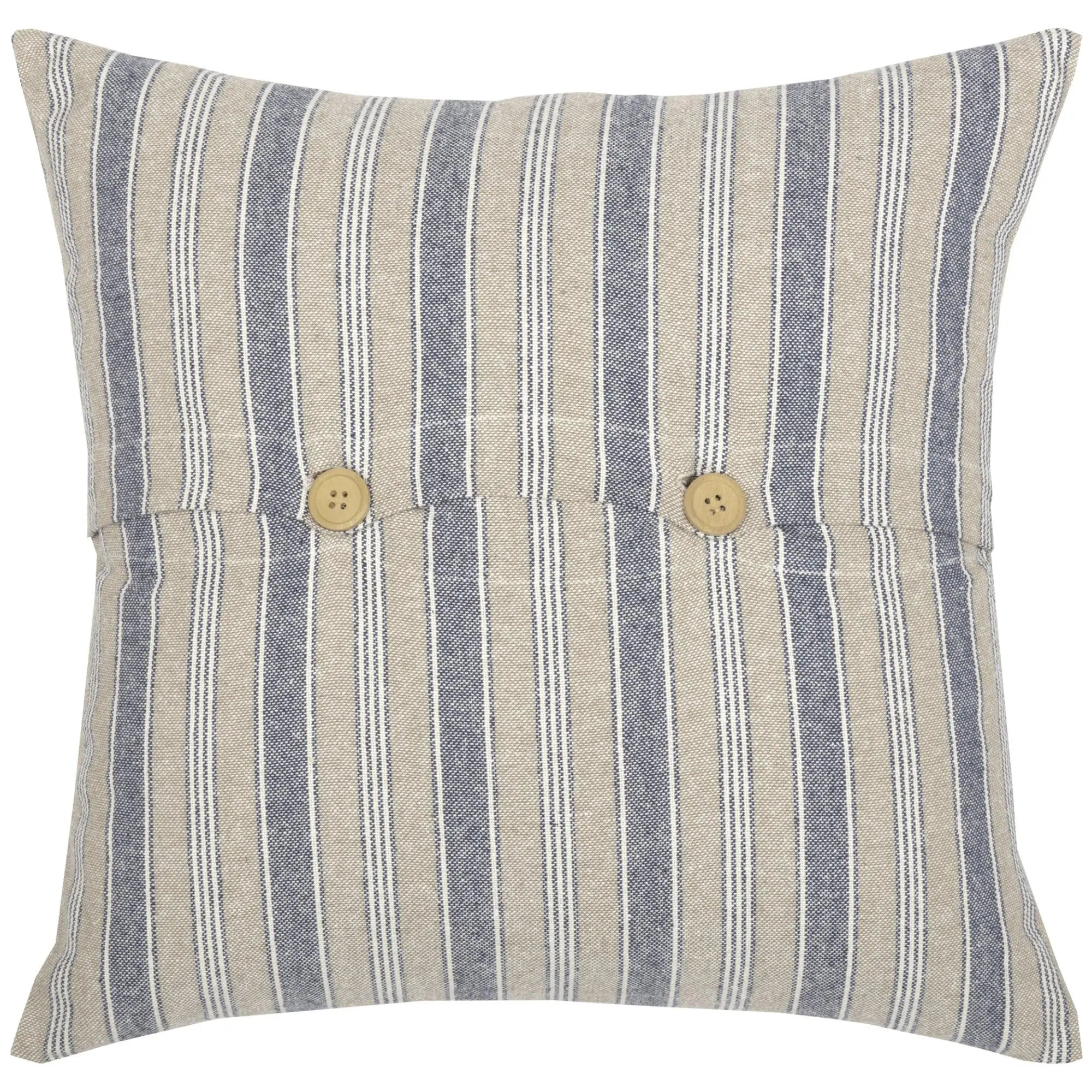 Blue and beige striped farmhouse pillow with wooden buttons, cozy cottage decor accent