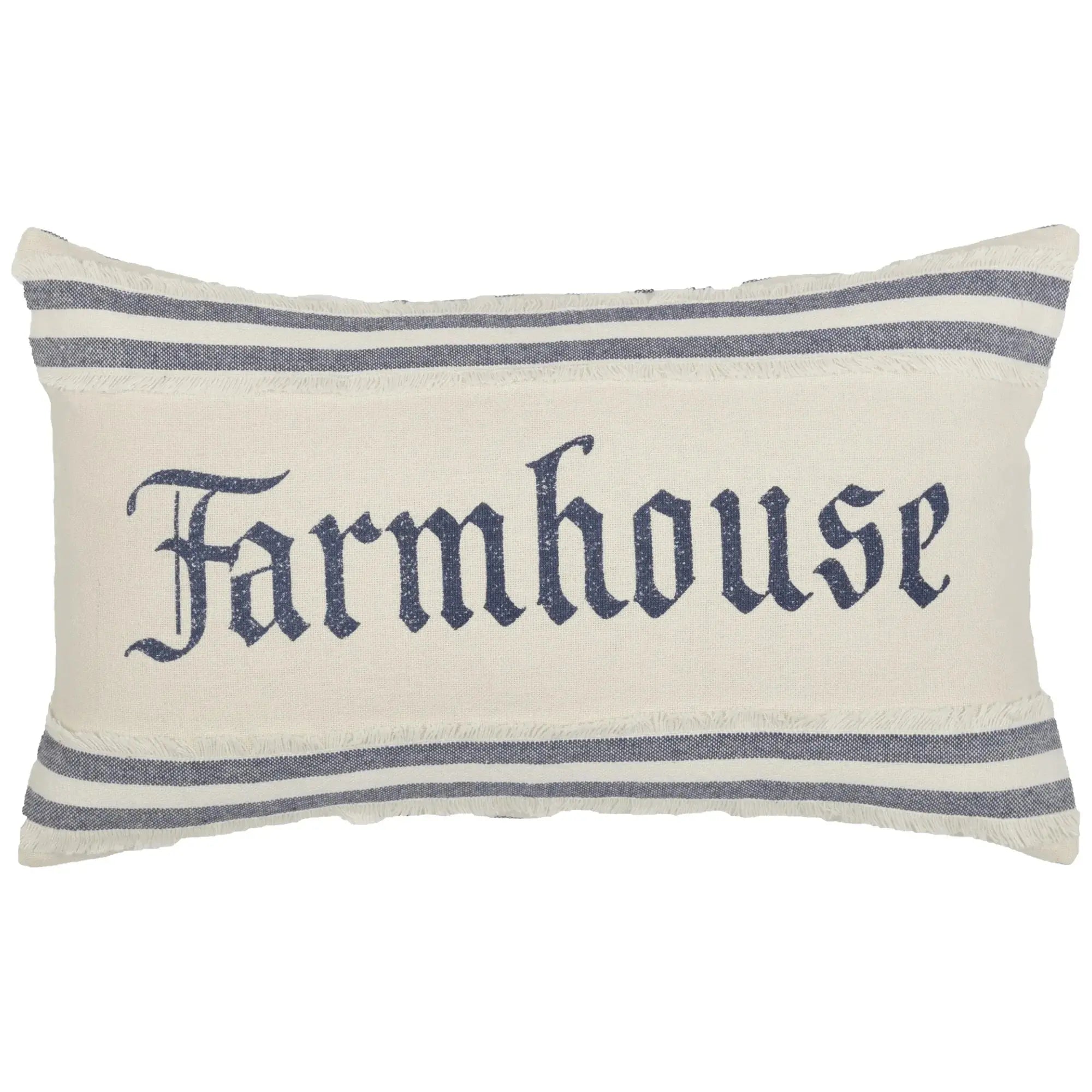 Cream and navy blue farmhouse pillow with striped trim and frayed edges, cozy cottage decor